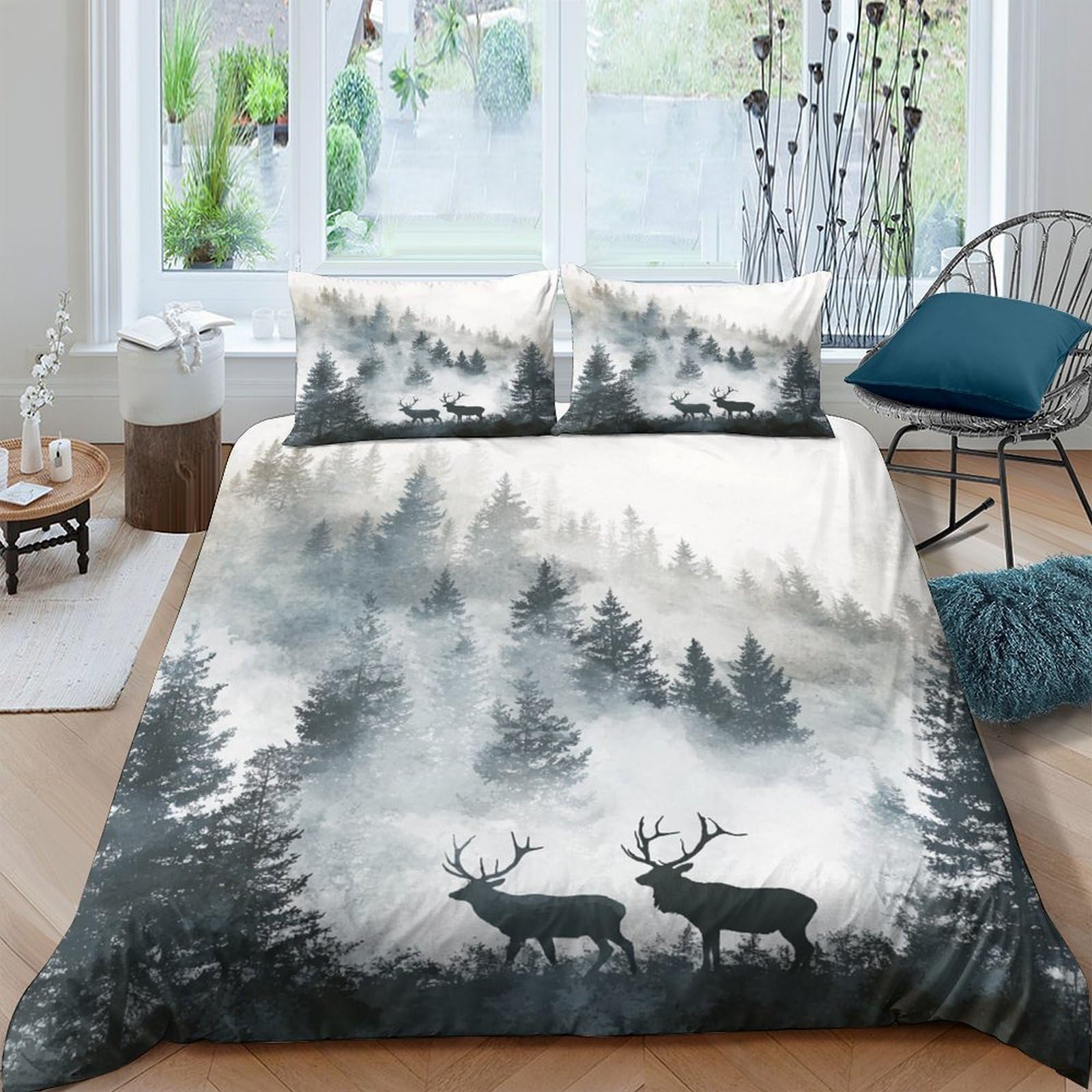 Ctjqhvkz Style-8 3D Printed Misty Forest Fitted Sheet Microfiber Soft Woodland Deer Bed Cover For Bedroom Guest Room Dorm Decor Single（135X200cm）