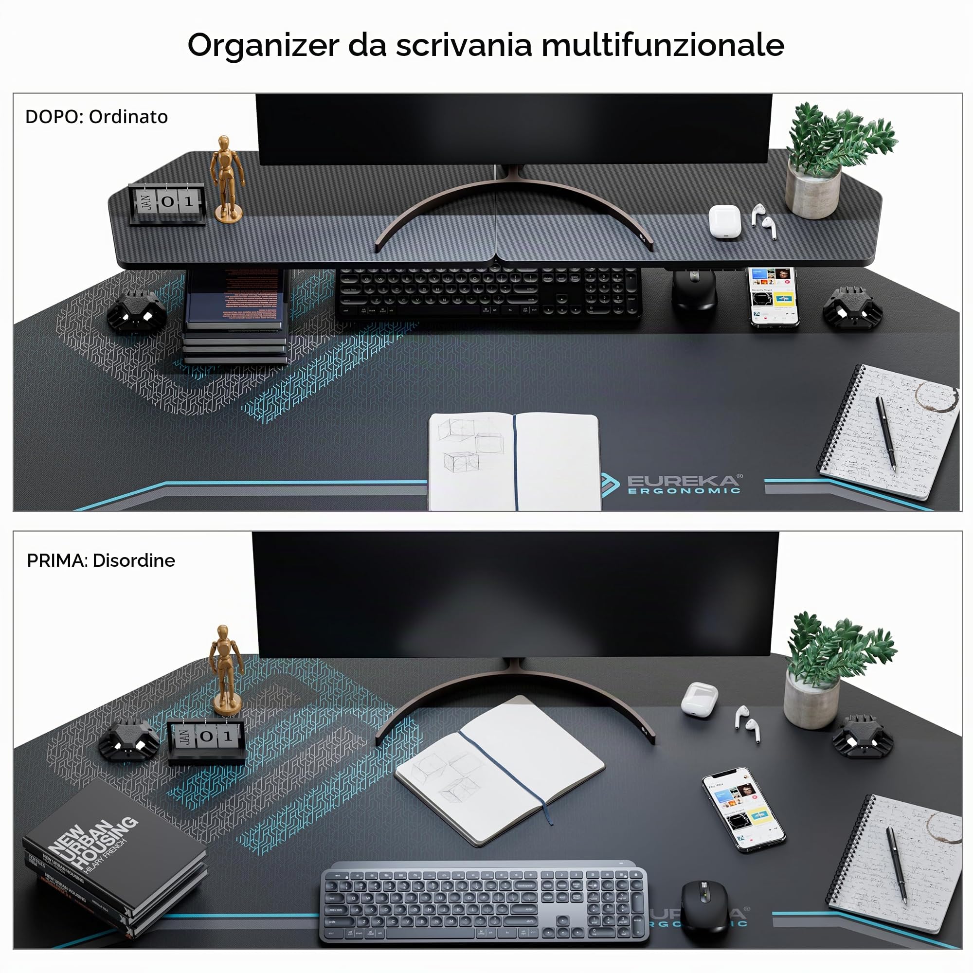 EUREKA ERGONOMIC Supporto per Monitor, Organizzatore Multifunzionale da Scrivania 50 x 22 cm, Mensola Flottante per Scrivania a Forma di Ala, Riser in Fibra di Carbonio per Ufficio (Nero, 2 Pezzi)