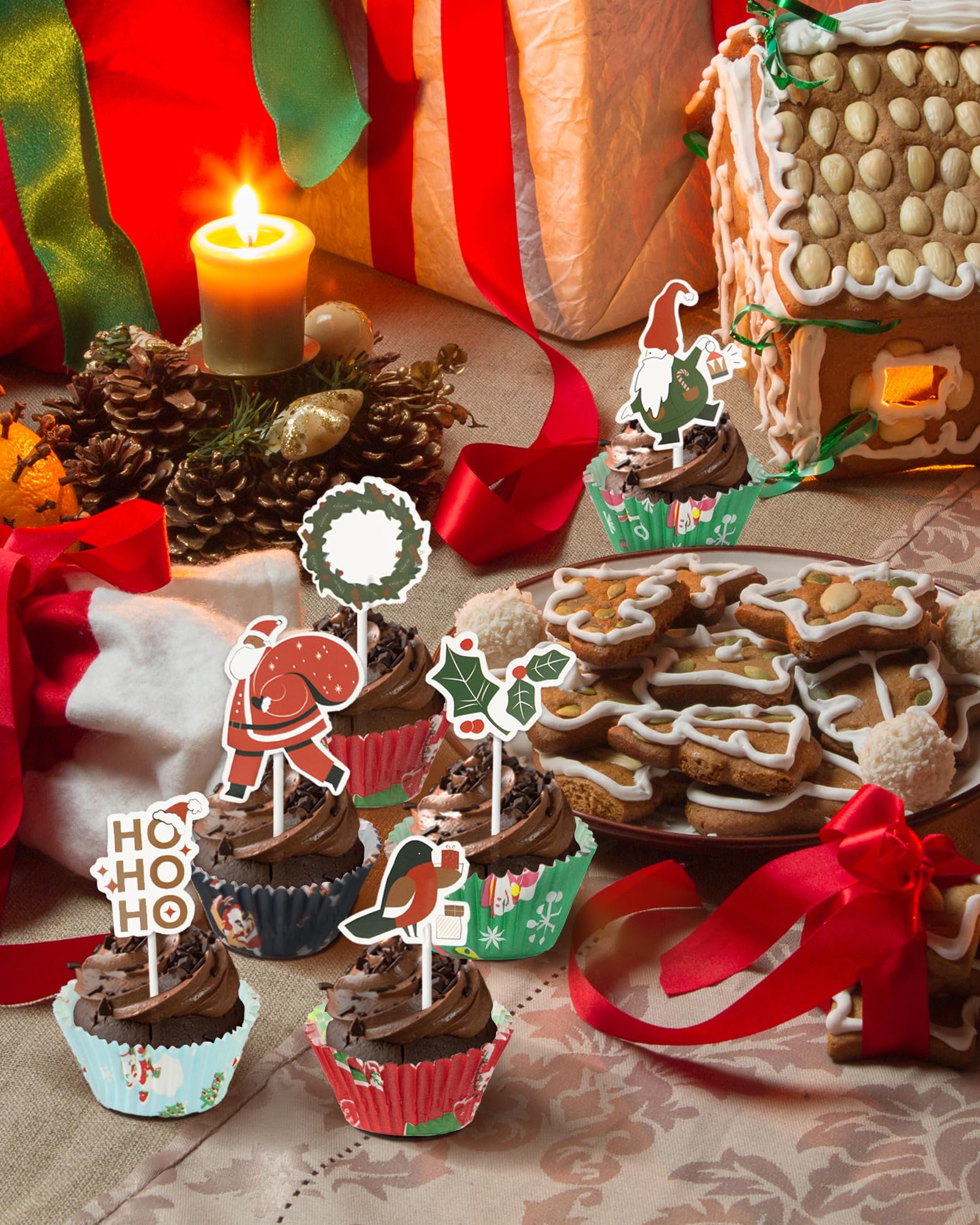 400 Doublures Cupcakes Papier Noël + 12 Décorations - Antiadhésives, Qualité Alimentaire, Pour Pâtisserie