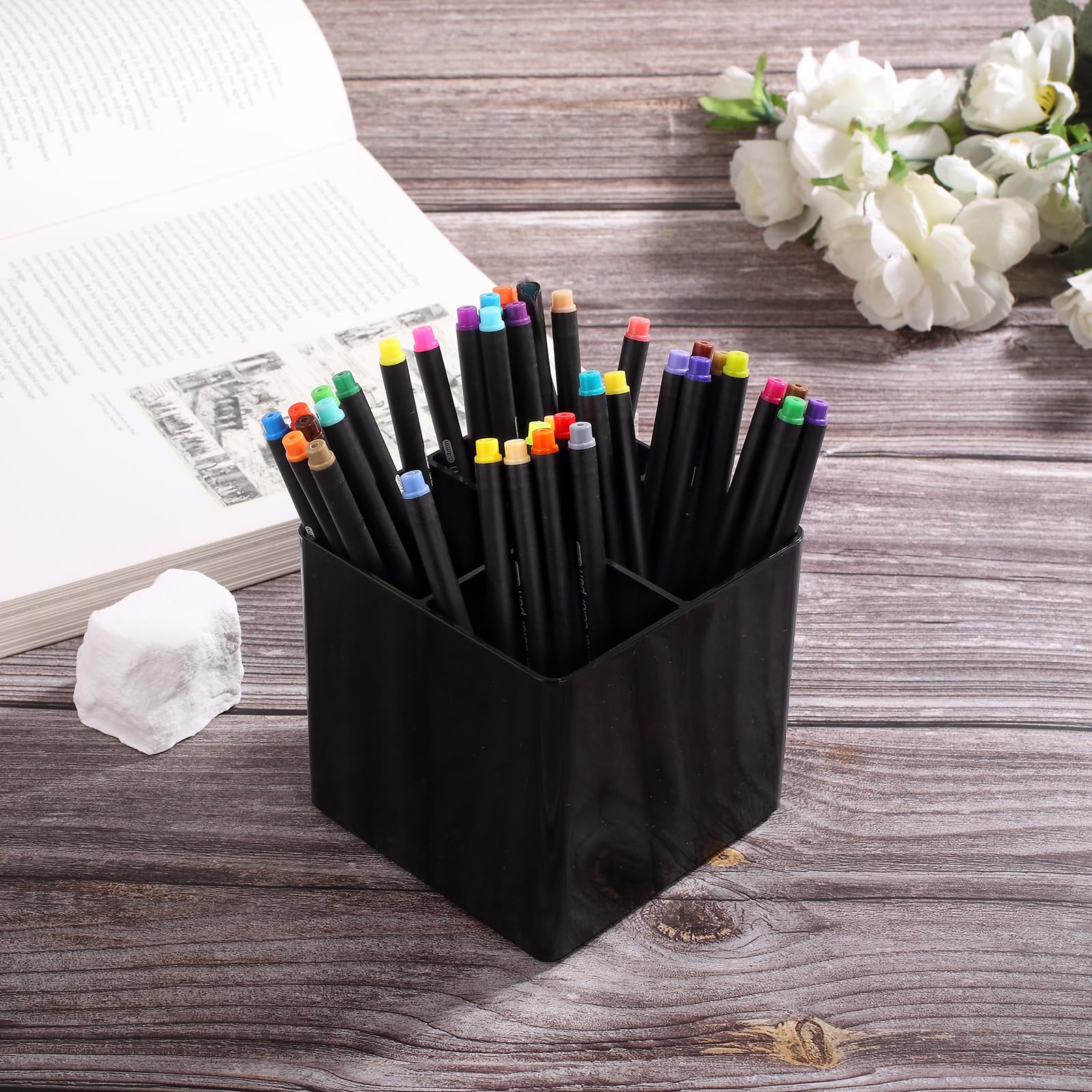 OWAYOTO Makeup Brush Organizer Acrylic Tray - 4 Slot Office Desk Stationery Pen Holder Black Box - Image 3