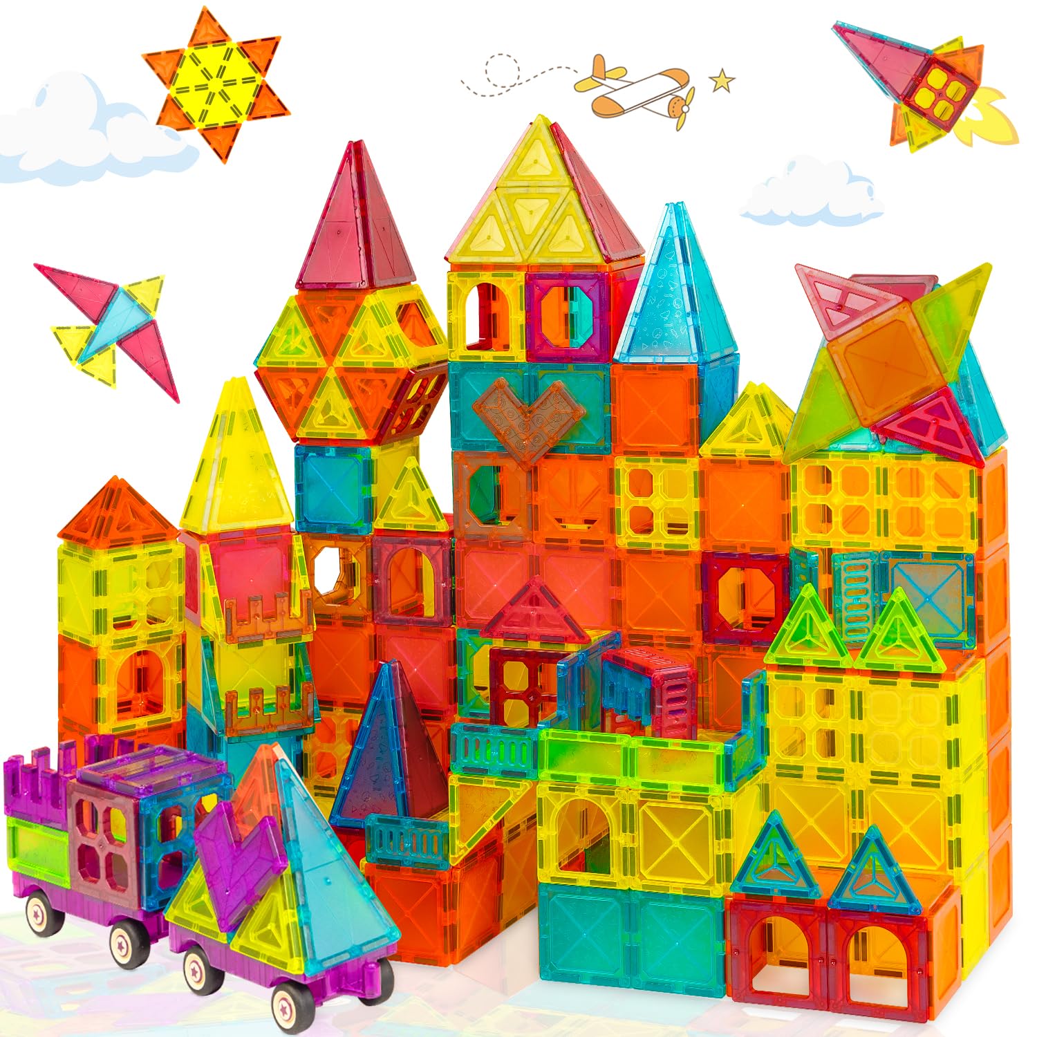 Magnetic Building Blocks, 120PCS with 2 Cars and 12 Cartoon Sheets, 3D Clear Magnet Tiles, STEM Educational Toys for Toddlers Kids Boys Girls Ages 3+