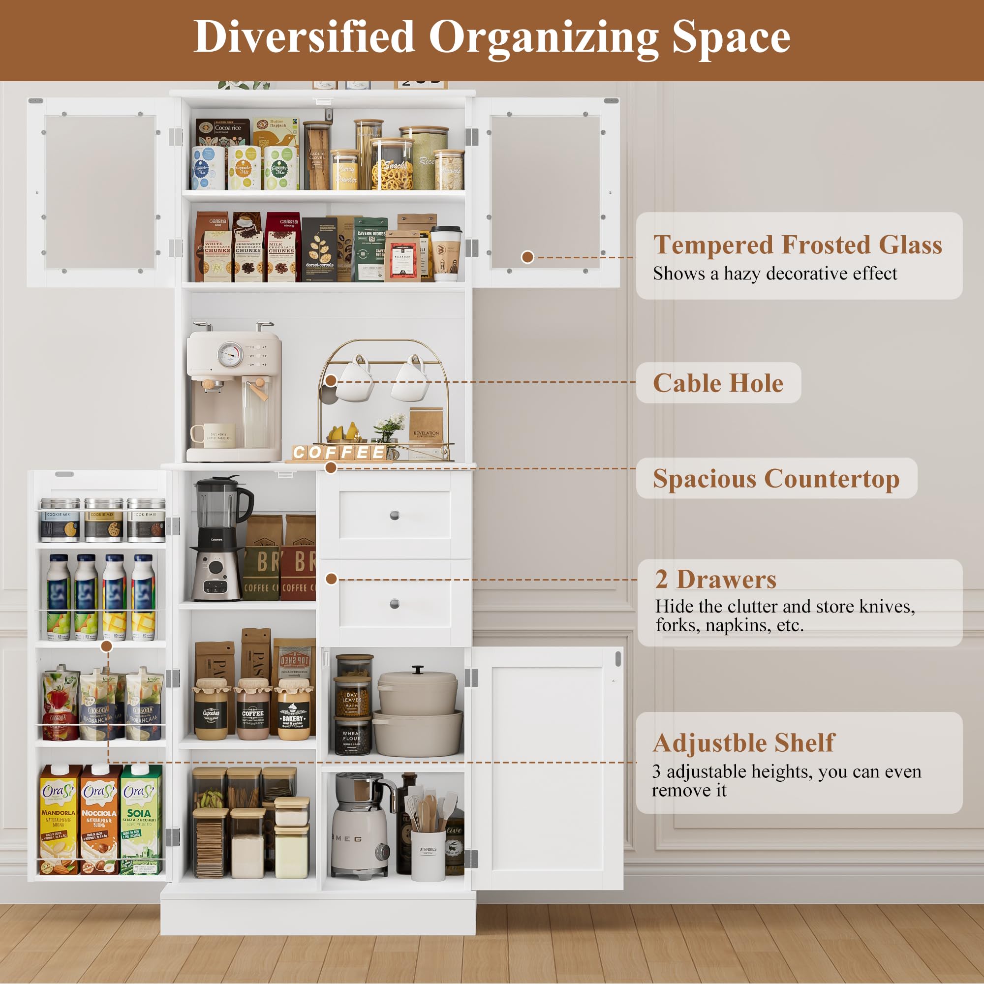 HOCSOK Küchenschrank, Buffetschrank mit Verstellbaren Ablage und Schubladen | vorratsschrank küche mit Mikrowellenregal und 4 Türen, Mehrzweckschrank für Küche, Esszimmer, Wohnzimmer, Weiß