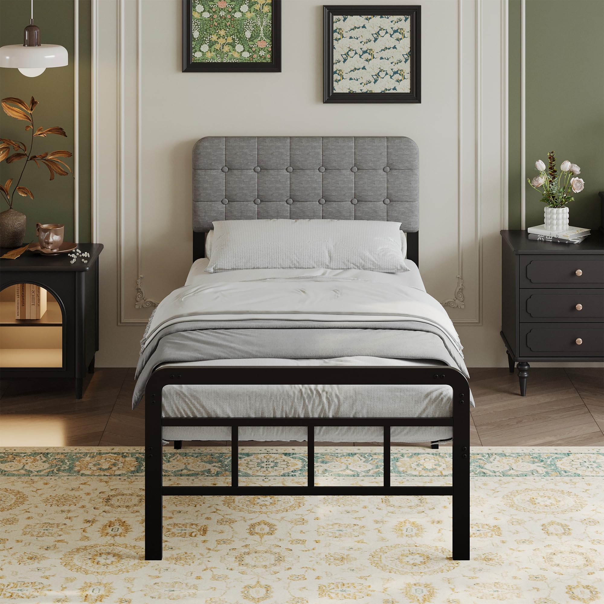 EMODA Struttura letto in metallo con testiera e pediera imbottite, struttural letto in matallo alta 36 cm, 90 x 190 cm con supporto a doghe in acciaio resistente, silenziosa, facile da montare