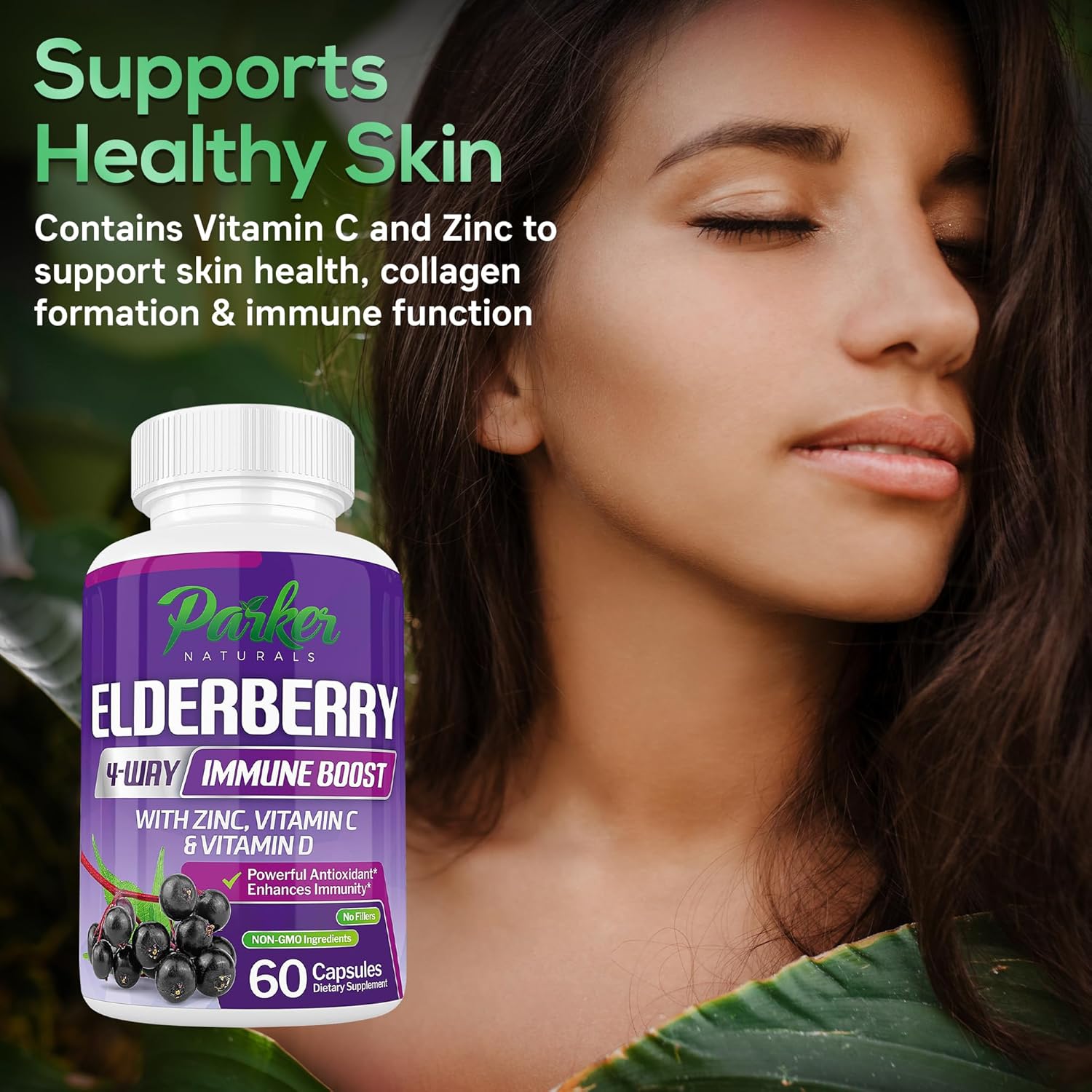 Parker Naturals Organic Elderberry Capsules, 4-Way Immune Boost Elderberries, Vitamins C, D & Zinc Support, 1260.1 mg Elderberry Supplements for Adults, 60 Capsules - Image 3