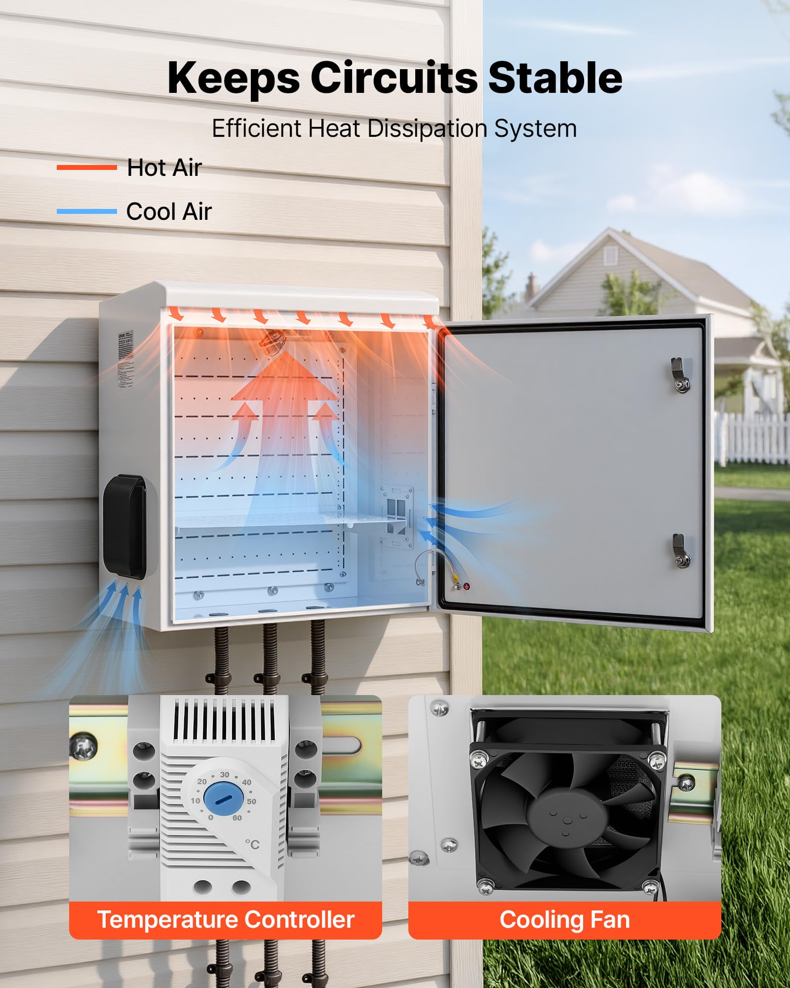 VEVOR Caja eléctrica impermeable IP65, caja de control de acero laminado en frío con termostato, ventilador y cubierta de lluvia, caja de conexiones con cerradura armario de control exterior 60 x 30 x