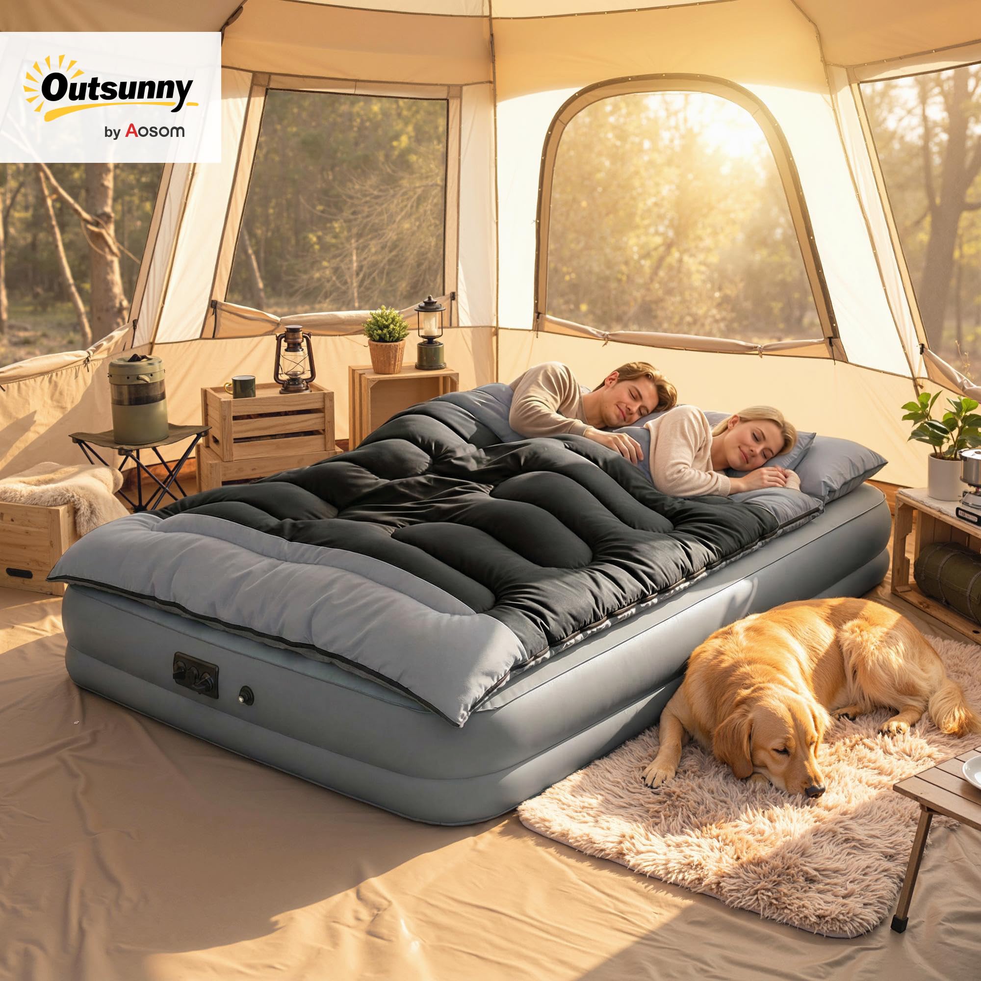 Outsunny Double Sleeping Bag with 2 Pillows, 220 x 160 cm Extra-Large Sleeping Bag for Adults, Detachable into Two Singles or Quilts, for Camping, Hiking — view 2