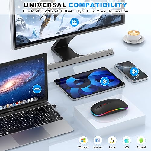 Miniatura 4 de Ratón inalámbrico LED Bluetooth para MacBook Air iPad Pro Mac Laptop PC - Ratón inalámbrico RGB delgado, 3 modos BT 5.2 y 2.4G USB-ATipo-C,
