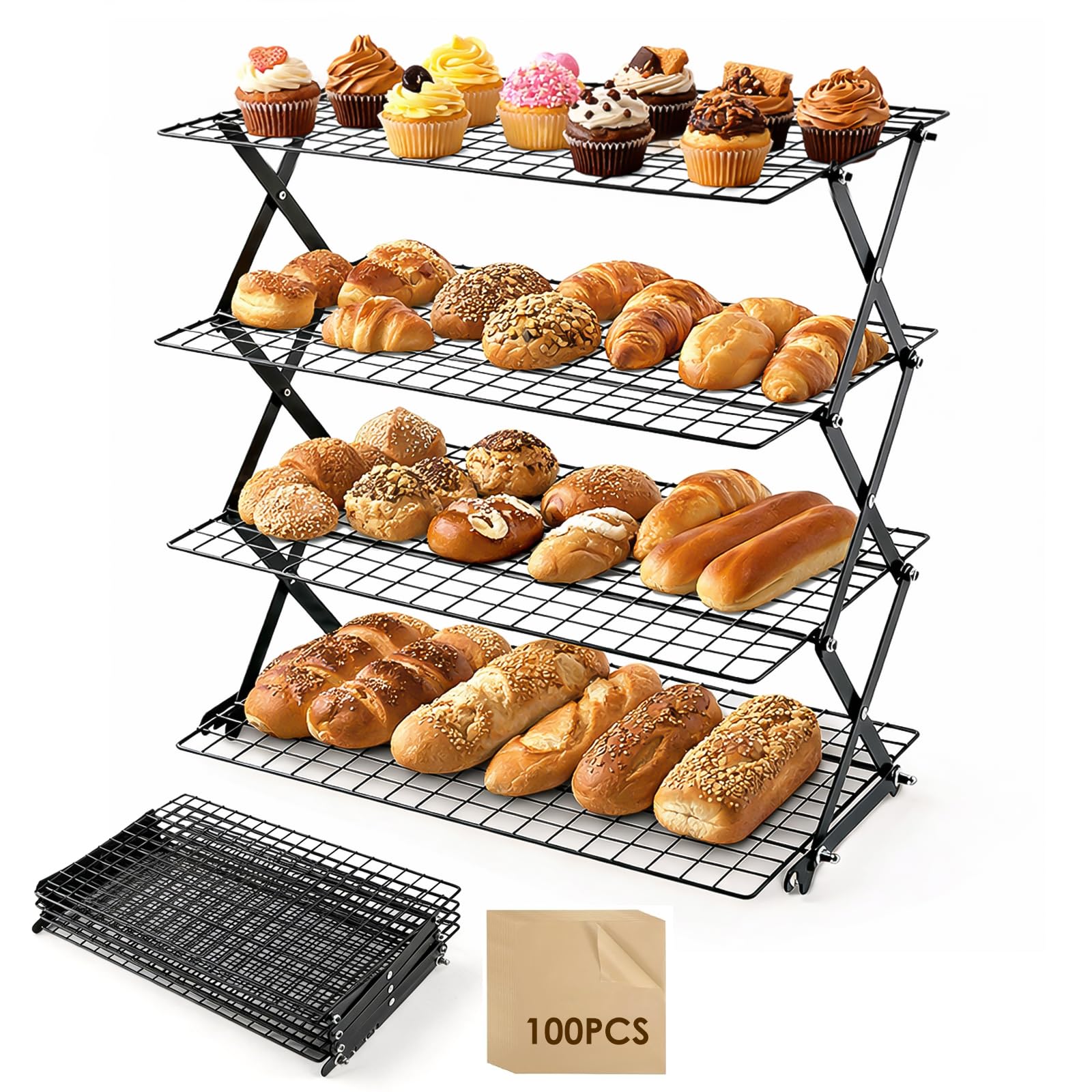 Grille de refroidissement empilable à 4 étages - Grille de refroidissement pour la cuisson et la pâtisserie - 40 x 25 x 46 cm - Noir