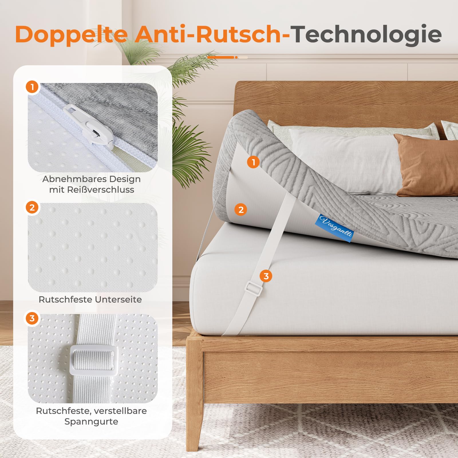 Vesgantti Topper 140x200cm, 10 cm Gel Memory Schaum Matratzentopper H3/H4, Zwei Härtegrade, Oeko-TEX Bezug 60°C waschbar, rutschfest mit Reißverschluss, für Bett & Schlafsofa grau