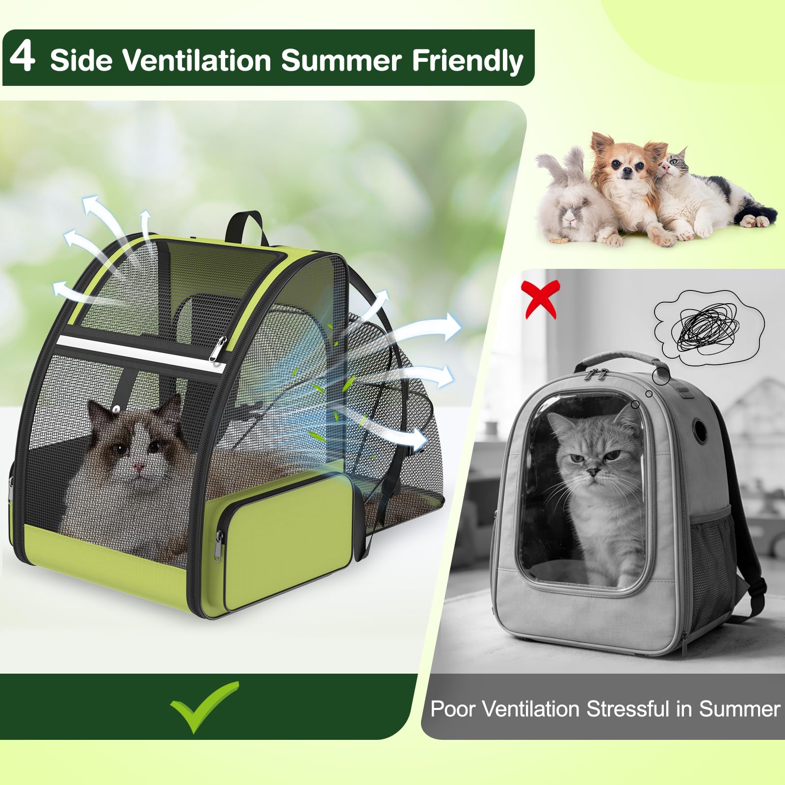 Sac à dos de transport pour chat pour voyage et randonnée : extensible, pliable, respirant, maille douce, design ergonomique pour petit chien, chiot et chaton jusqu'à 6,8 kg, vert