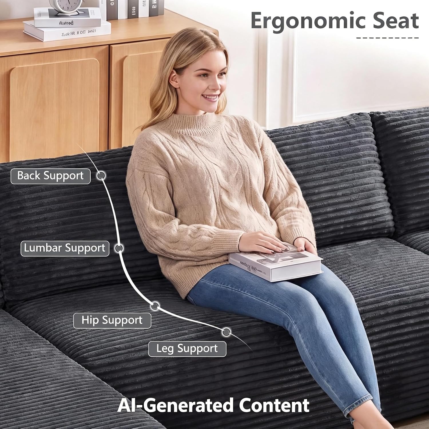 134" Modular Sectional Sofa with Movable Chaises, Boneless Couches with Cup Holders for Living Room,Oversized U Shaped Sectional Couch, Modern Cloud Corner Sofa with Storage, 6 Seater- Grey