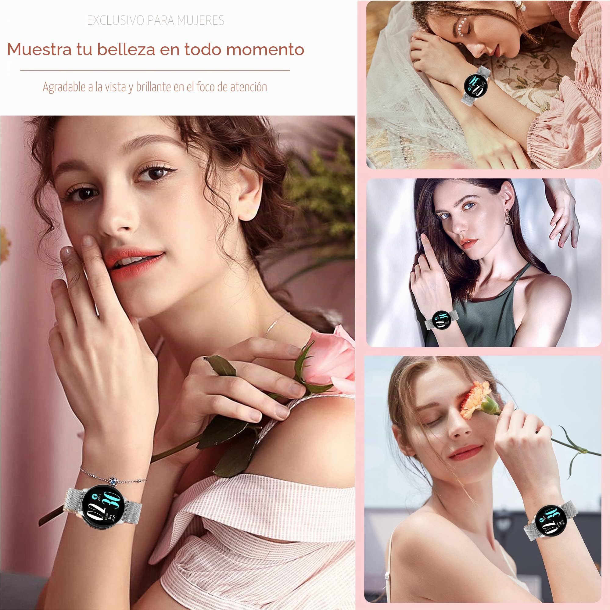 Smartwatch Mujer,Reloj Inteligente con Oxígeno Sanguíneo Presión Arterial Frecuencia Cardíaca,Calorías, Monitor de Sueño, Podómetro Pulsera Actividad Inteligente IP67 para Android iOS (Plata)
