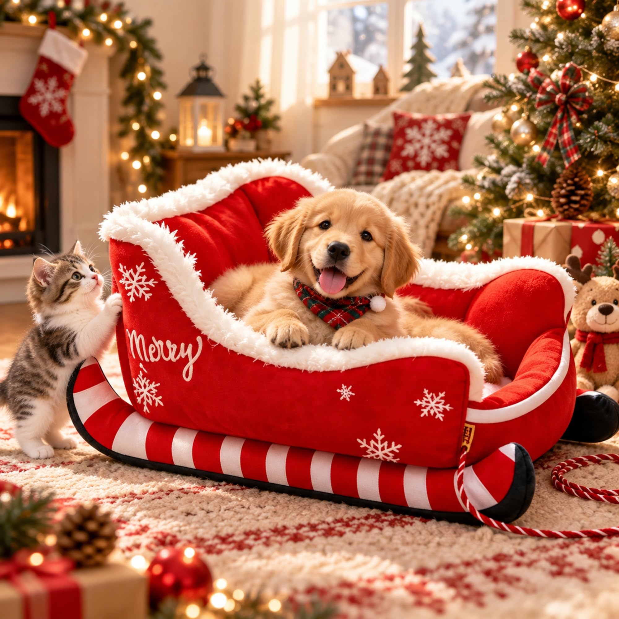 Weihnachts Schlitten Haustierbett, Weiches Plüsch Hundebett 81*66*34 CM