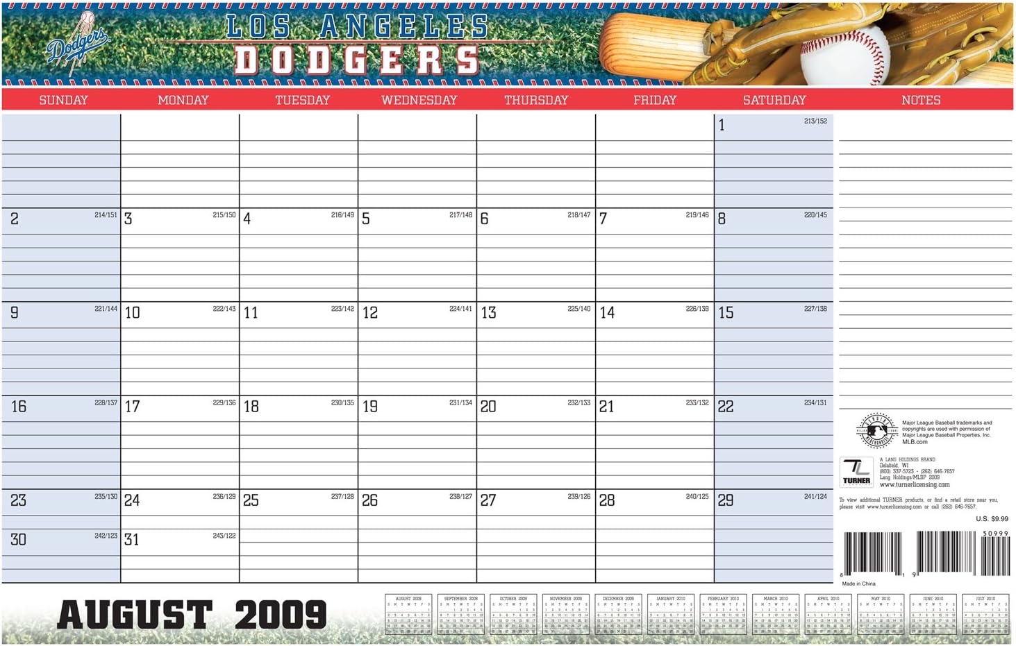 Turner MLB Los Angeles Dodgers 2010 Academic Desk Calender