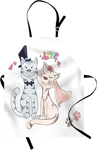 Lunarable Delantal de animales, novio, novia, gato, boda, felino, boda, matrimonio, romance, feliz ceremonia, babero de cocina unisex con cuello