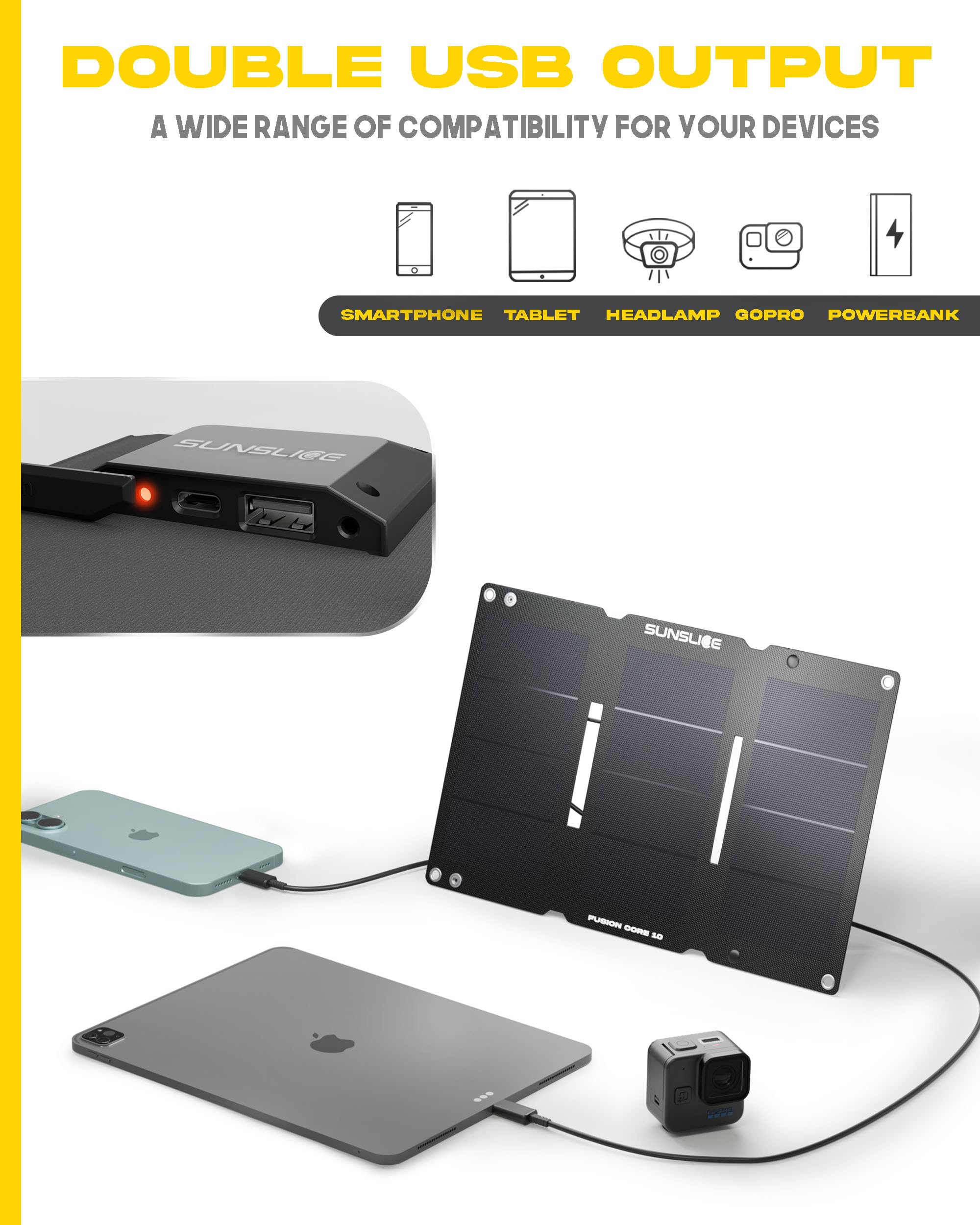 Panneau Solaire Pliable 10W Fusion Core 10 Sunslice, Charge Rapide USB-A & USB-C 5V/2A, Ultra-léger 220g, étanche, idéal randonnée, Camping, Van Life, Survie, Compatible Smartphones & powerbanks