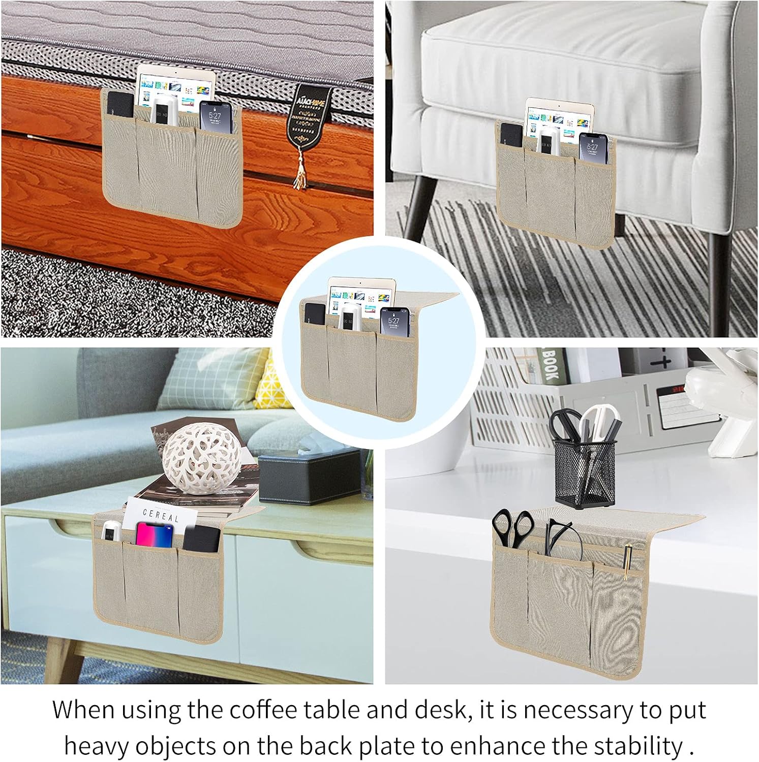 Bedside Caddy Bedside Storage Organizer Magazine Phone Tablet iPad Remote Holder, Organizer Caddy for Home College Dorm Bed, Sofa, Bunk Bed (Pale Khaki) - Image 5