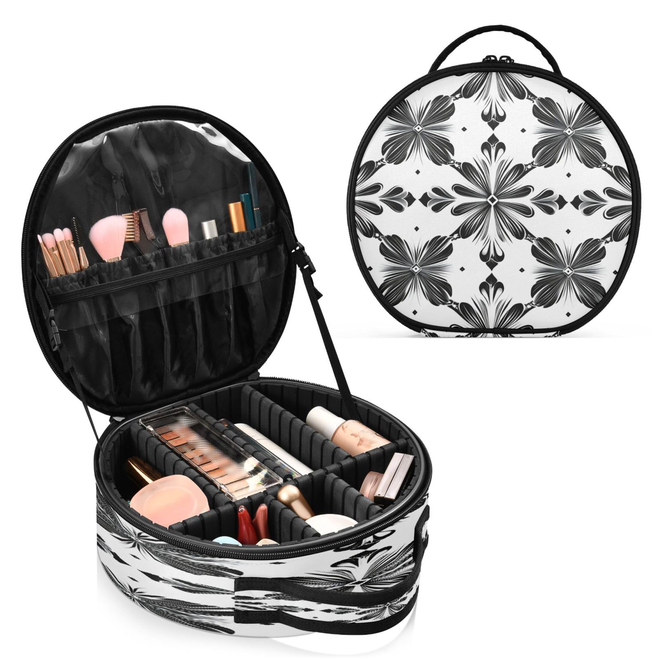 Takiito Geometric Motif Floral Travel Makeup Case Portable Makeup Box Artist Cosmetic Case Organizer With Adjustable Dividers