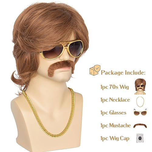 Miniatura 2 de Miss U Hair - Pelucas de fiesta marrón de los años 70 para hombre, peluca de salmonete, peluca de Halloween con accesorios de los años 70, collar,