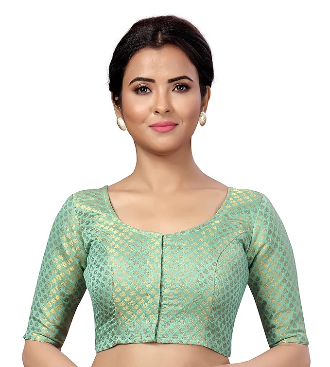 Studio Shringaar Women’s Brocade Elbow Length Sleeves Saree Blouse – Sky Blue