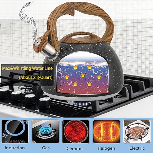 Miniatura 2 de Tetera silbante para estufa, acero inoxidable de grado alimenticio, teteras negras para estufa con mango anticalor y botón de apertura y cierre de