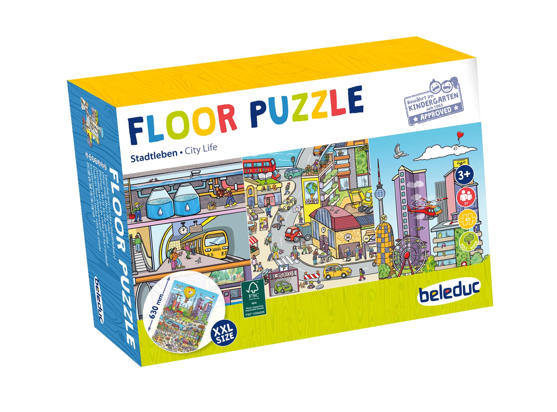 Beleduc Bodenpuzzle Stadtleben XL – 45 Teile – Großes Kinderpuzzle ab 3 Jahren – Stadt und Verkehr Lernpuzzle – 92 x 92 cm – 3 Puzzle Werden zu 1 XL Puzzle - Wimmelbild