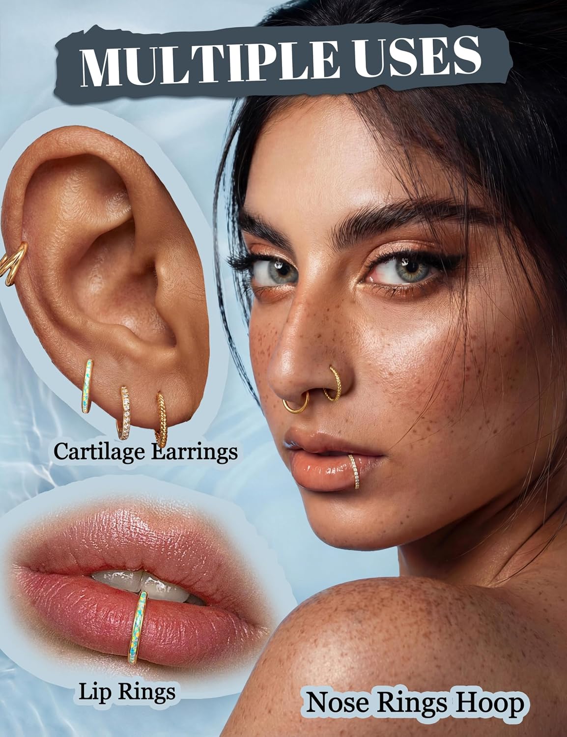 Jstyle 5Pcs 18G 16G Surgical Steel Nose Rings Hoop for Women Opal CZ Clicker Hinged Septum Nose Ring Lip Helix Cartilage Hoop Earring Daith Rook Conch Piercing Jewelry for Women 8mm 10mm