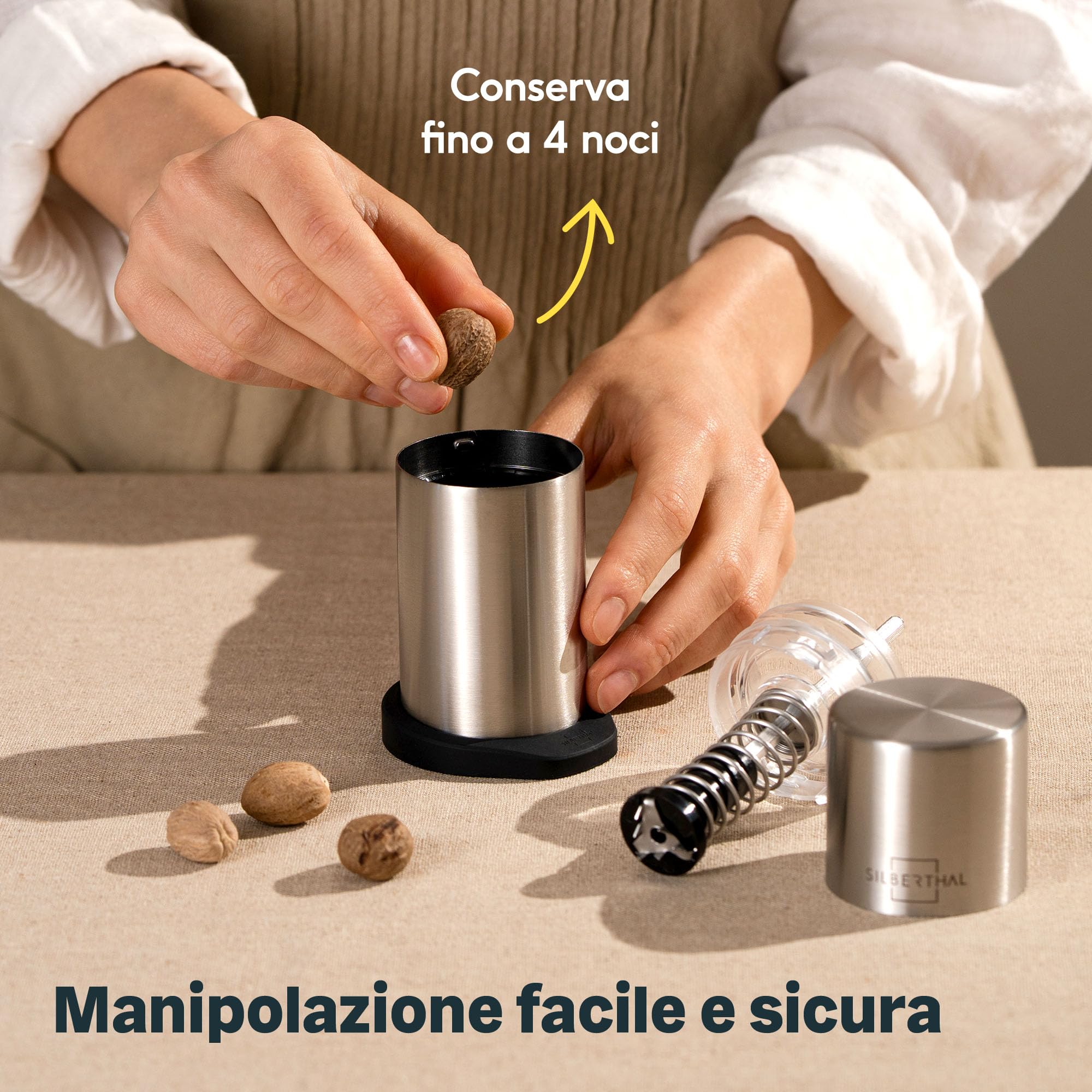SILBERTHAL Macina noce moscata | Trita noce moscata | Grattugia noce moscata | Macina manuale noci con capienza per 4 noci moscate