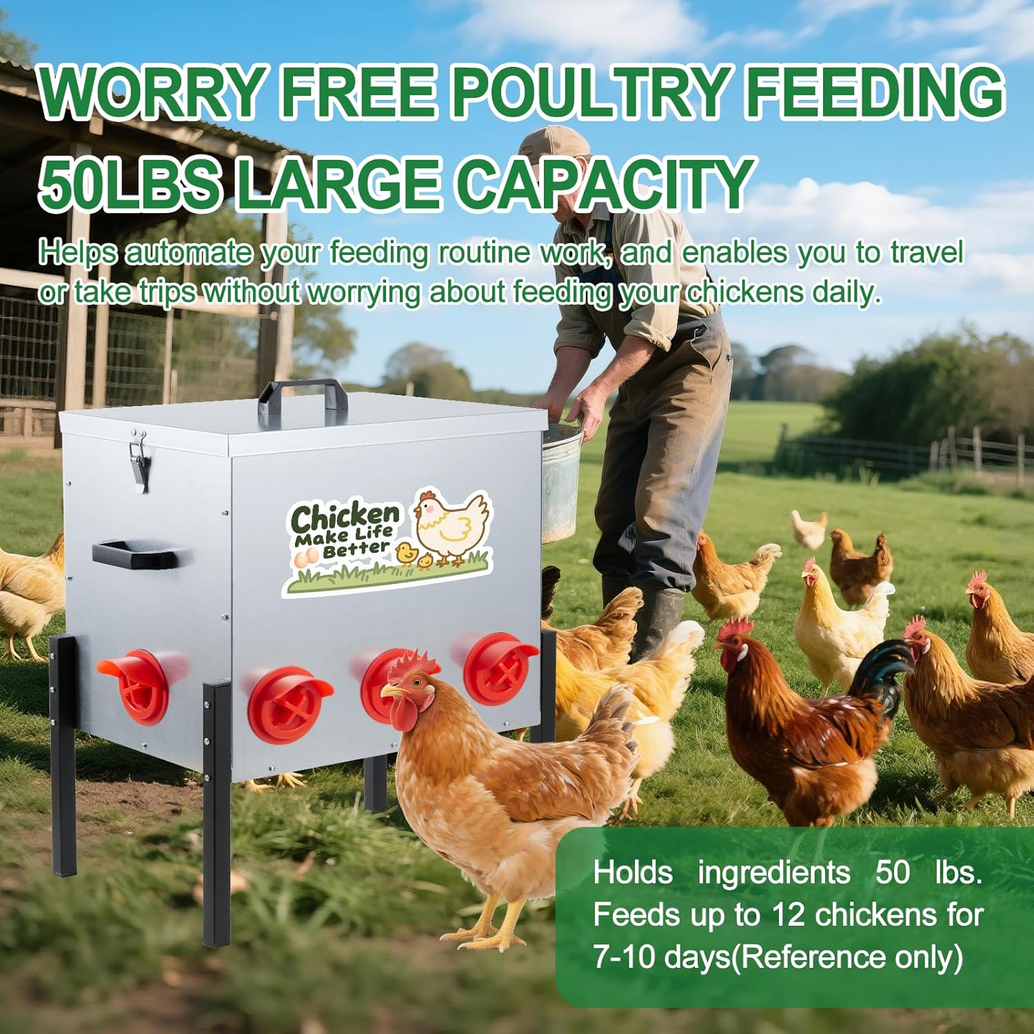 50 LB Automatic Chicken Feeder 8 Feeding Ports, No-Waste Poultry Feeder with Locking Lid and Adjustable Legs for Inside Chicken Coops Metal Automatic Poultry Feeders (Sliver, 50LB with 8 Ports)