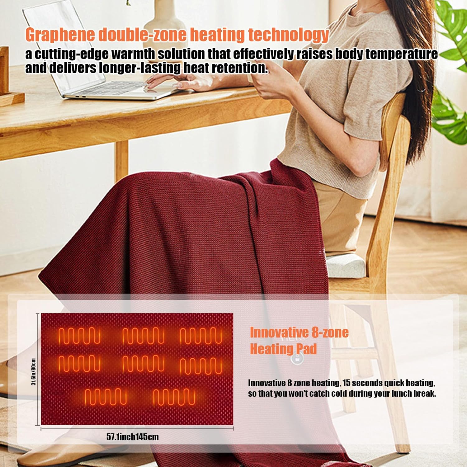 Portable Heated Shawl, Cordless Heated Blanket Heated Shawl Wraps for Women Wearable Heated Blanket Heated USB Charging with 3 Heating Levels (Dark red) - Image 4
