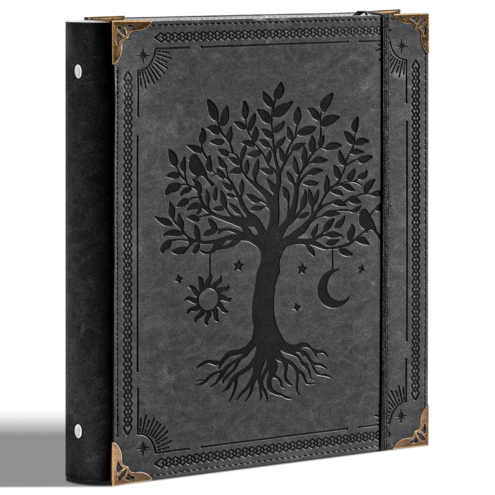 Ovesmusl PU Leather 3 Ring Binder Fits 8.5"x11" Letter Size Paper, 1.5 Inch Round Ring Binder Holds 350 Sheets, Notepad Paper Cover Loose Leaf Organizer, Black Tree