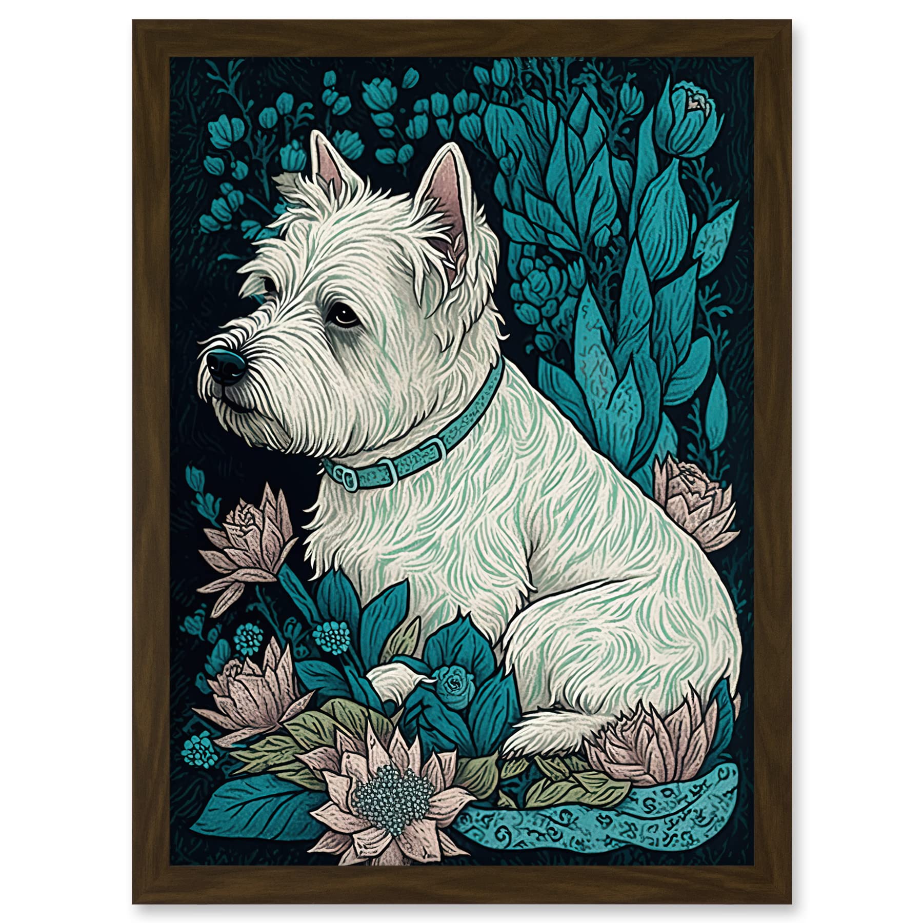 Artery8 West Highland White Terrier Sitting in Flower Field Modern Dark Illustration Artwork Framed A3 Wall Art Print