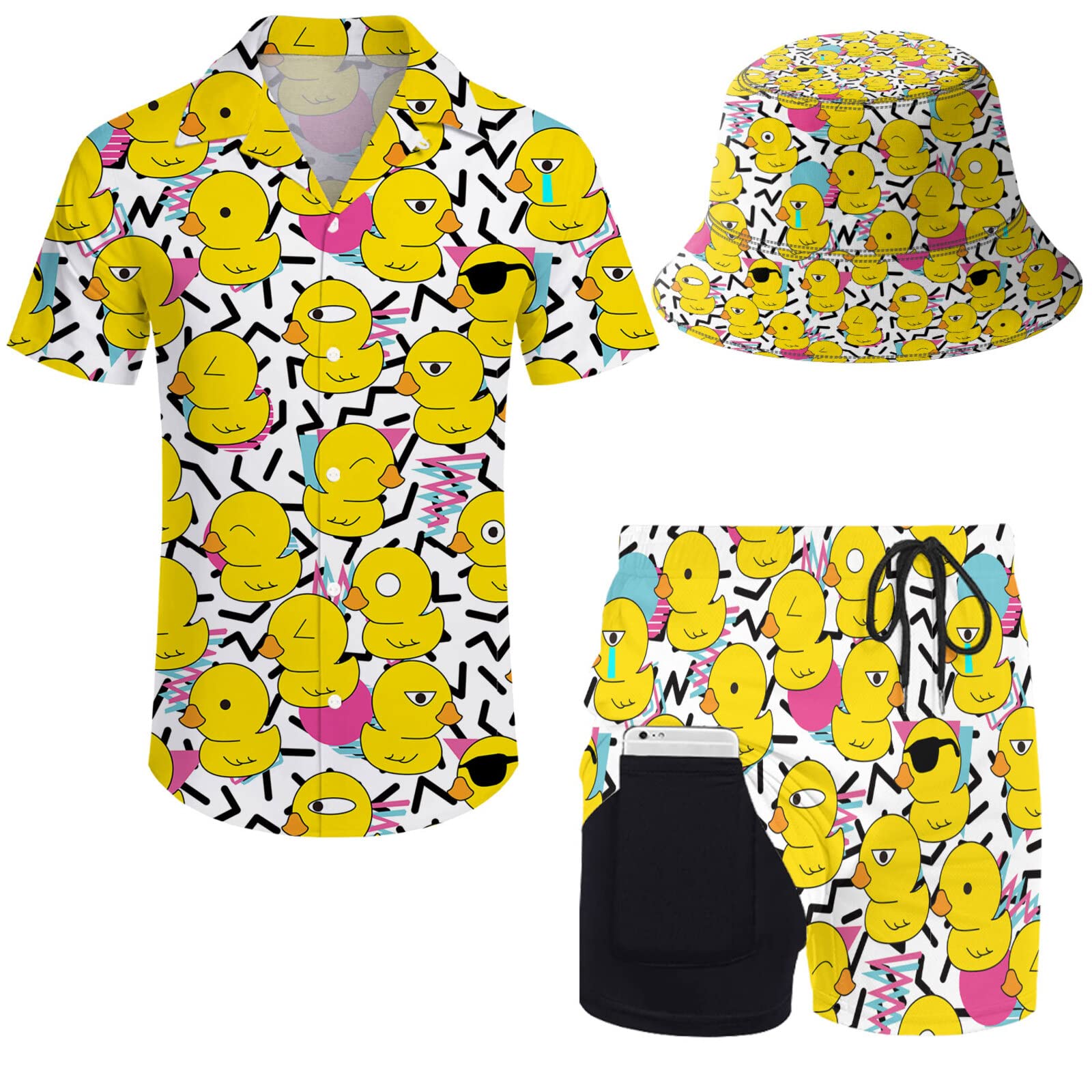Wdpsuxin Mens 2 Piece Tracksuit Hawaiian Button Down Shirt and Compression Liner Shorts Sets with Bucket Hats, Retro 80s 90s Memphis Graphics Rubber Duck, Large
