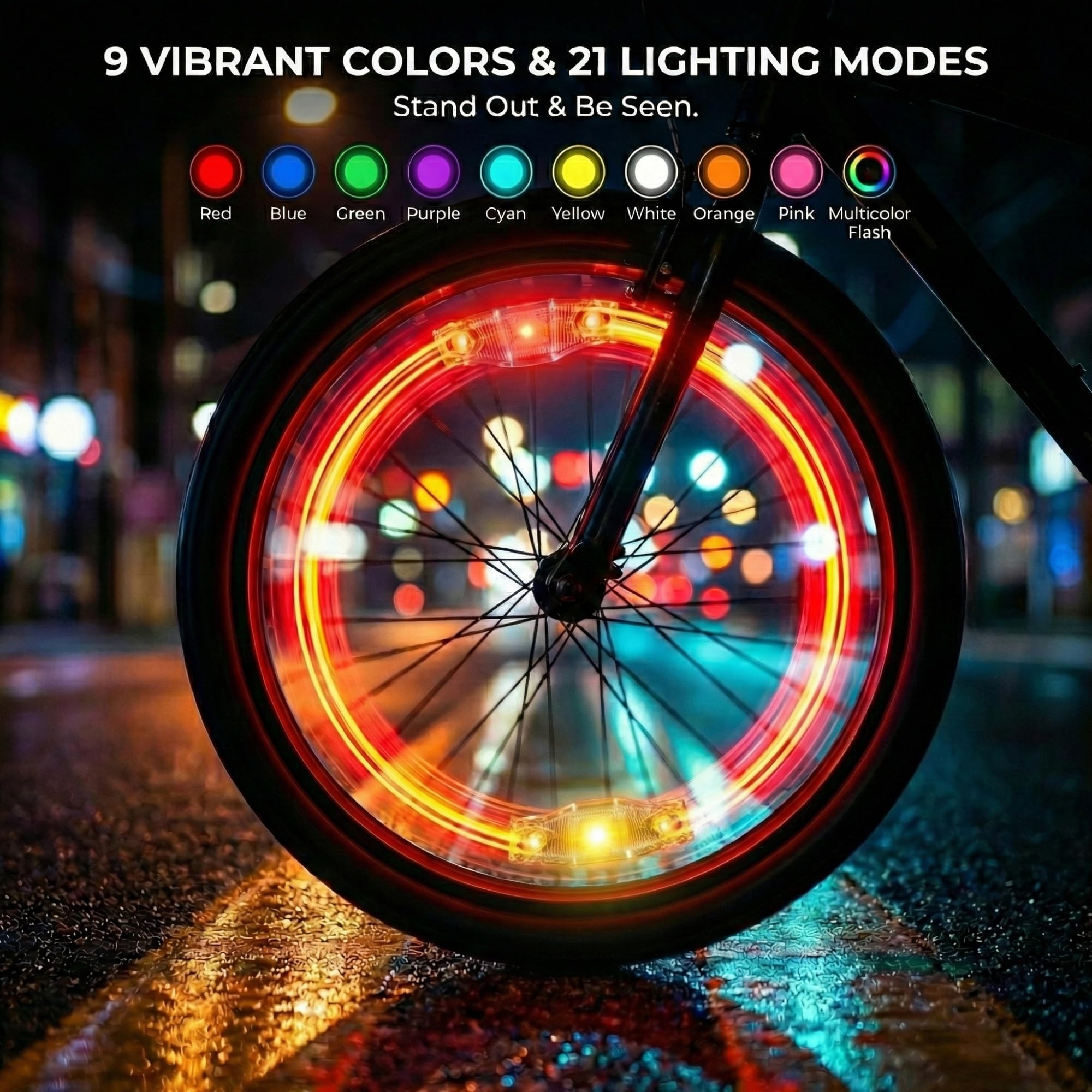 HANZE Lumières de roue de vélo rechargeables, 9 couleurs, lumières LED et réflecteurs, 21 modes d'éclairage, détecteur de mouvement, marche/arrêt automatique, accessoires étanches pour enfants et