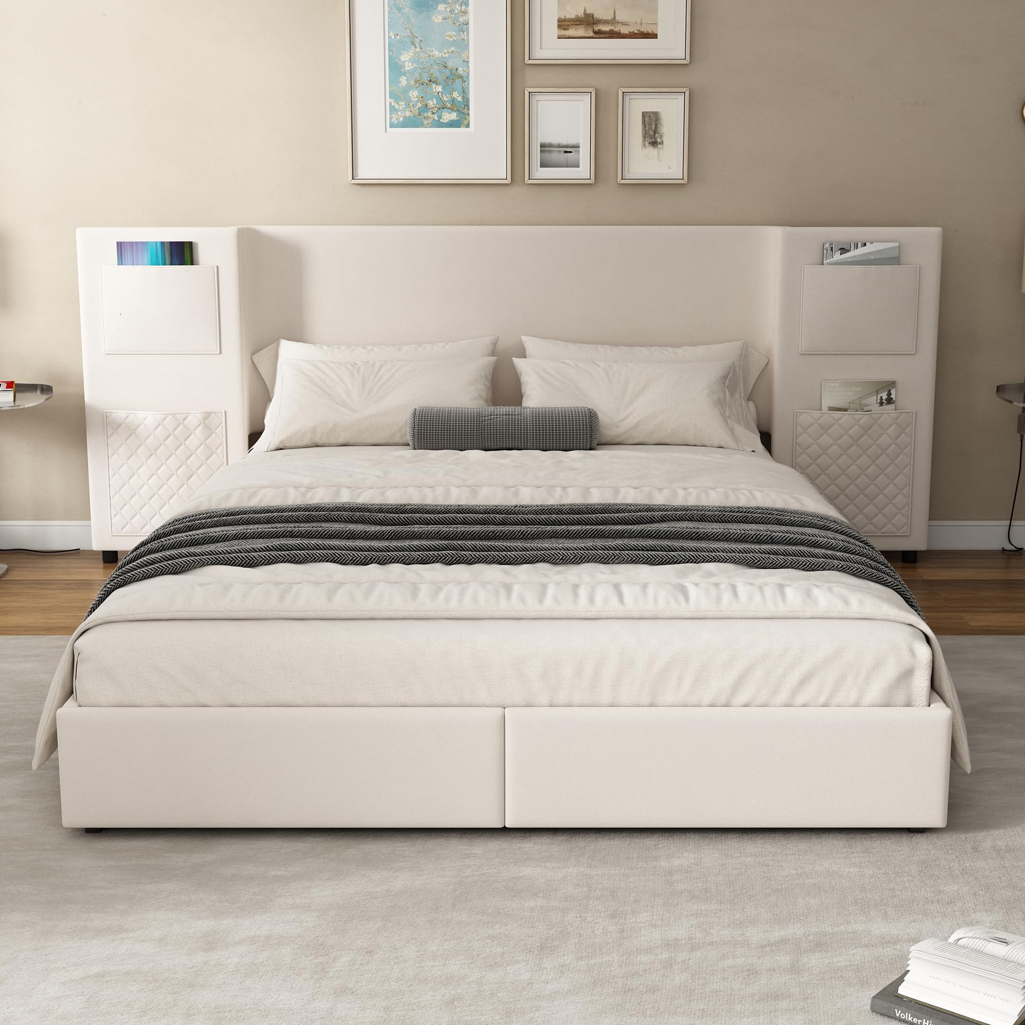 Ball & Cast Upholstered bed, For adults and teenagers, 4ft6 double bed 135×190cm, Durable and Sturdy, Headboard with storage pockets, Two storage drawers on wheels, Velvet + Plywood, Beige ﻿