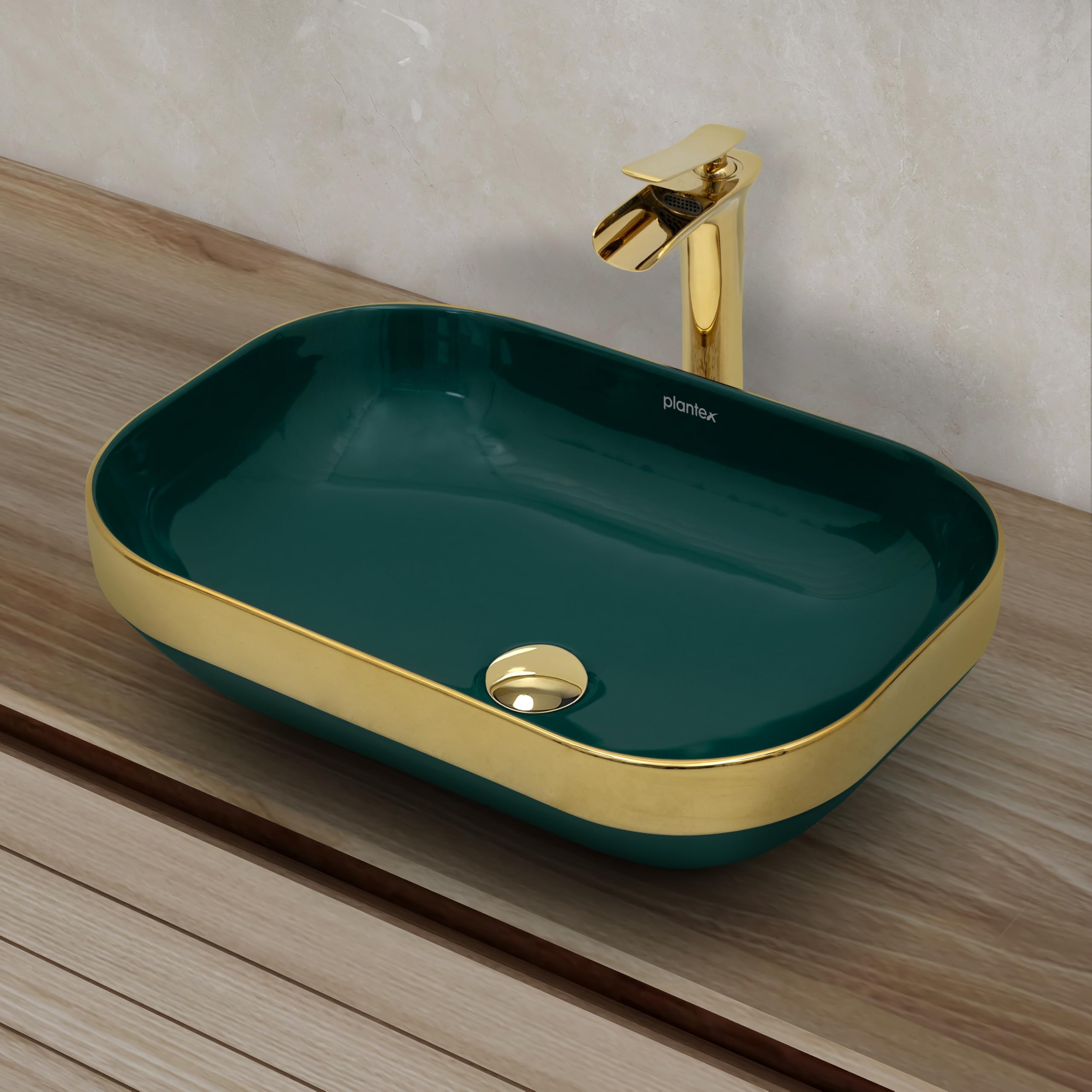 Plantex Wash Basin/Ceramic Table Top Wash Basin/Countertop Basin for Bathroom/Restaurants/Hotel – Rectangular Green & Gold - 20 x 14 x 6 Inch) (B0D846VBGP) Amazon Price History, Amazon Price Tracker