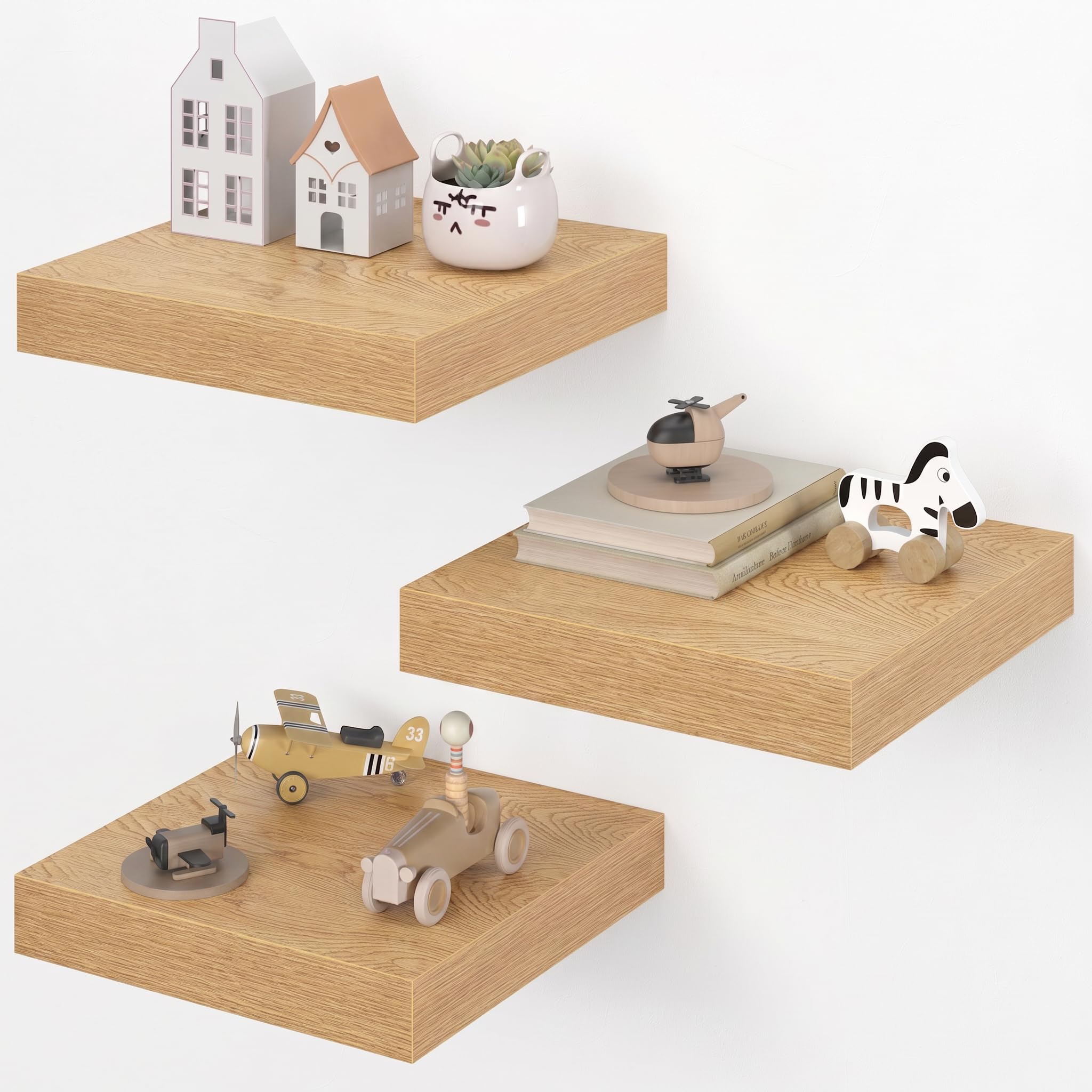 Dreamland 12x12 Floating Shelves for Wall, 12" Deep Thicker Floating Shelves, Wall-Mounted Shelves for Bedroom, Living Room, Kitchen, Bathroom,Oak - Set of 3