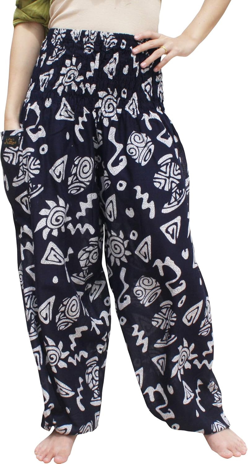 RaanPahMuang Smocked Waist Harem Baggy Pants, Women, Rayon Elephant Boho Yoga