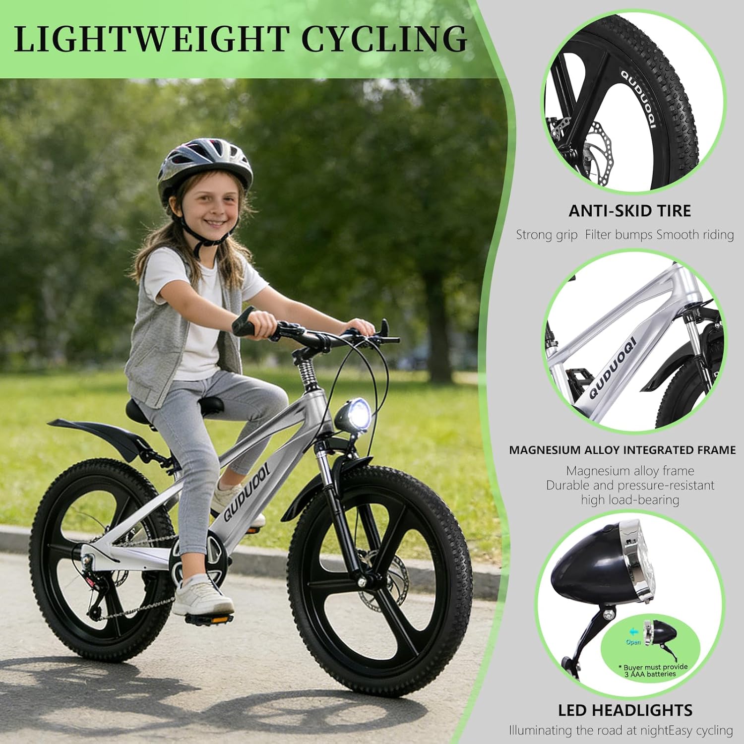 20-Inch Kids Mountain Bike, Lightweight Magnesium Alloy Frame, 7-Speed Gears with Dual Disc Brakes, Front Suspension, LED Headlight, Youth Bike for Ages 6-14