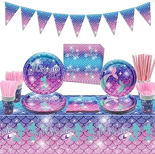 Mermaid Birthday Decorations - 162PCS Mermaid Decor Including Mermaid Plates Mermaid Napkins, Mermaid Pennant, Mermaid Tablecloth, Mermaid Cups for Girl Women Mermaid Birthday Party Suppliesï¼ŒServe 20