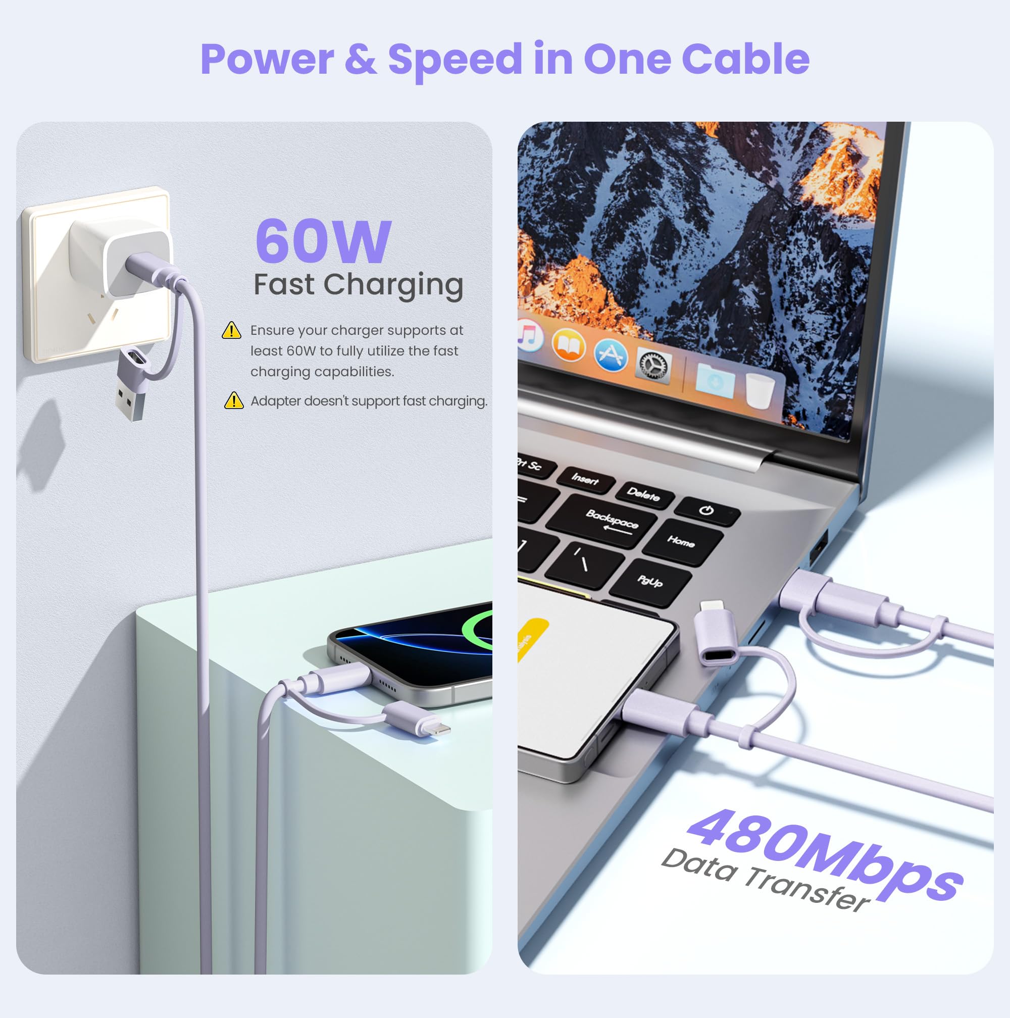 Elebase Câble de Charge USB C pour iPhone 17,Cable 4-en-1 Multiple 2M avec Adaptateurs USB A et Lightning,Cordon de Charge 60W USB-C pour Apple 17e 16 15 14 Pro Max Plus,iPad Air,Samsung S26 S25 Ultra