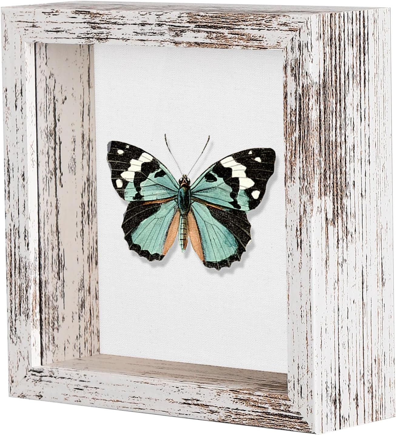 Califortree 5x5 Small Shadow Box Picture Frame with Soft Linen Back - Push Pins Included, Memory Shadow Box Display Case for Bouquet Awards Medals Wedding Photos and More, Rustic White