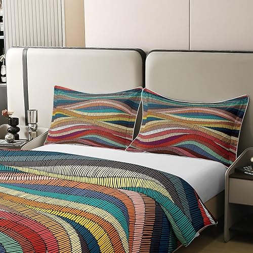 Miniatura 4 de Juego de funda de edredón 100% algodón orgánico, bohemio, ondulado, con diseño de arco iris, bordado, ondas, geométrico, tribal, étnico, decoración