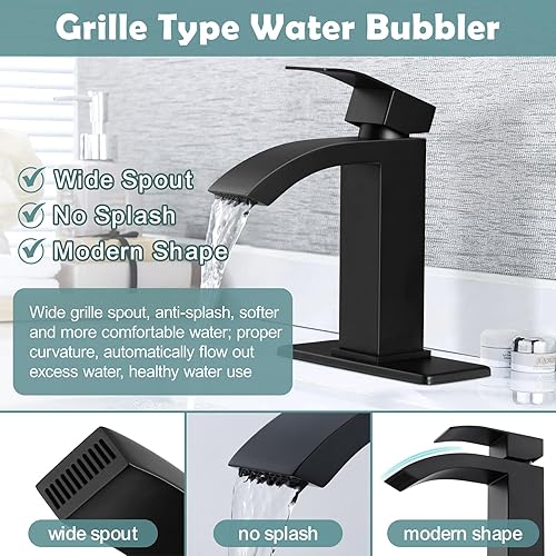 Miniatura 5 de Homikit Grifo de baño de cascada negra para fregadero de 1 o 3 agujeros, grifo de lavabo de baño negro mate con drenaje desplegable, grifos de