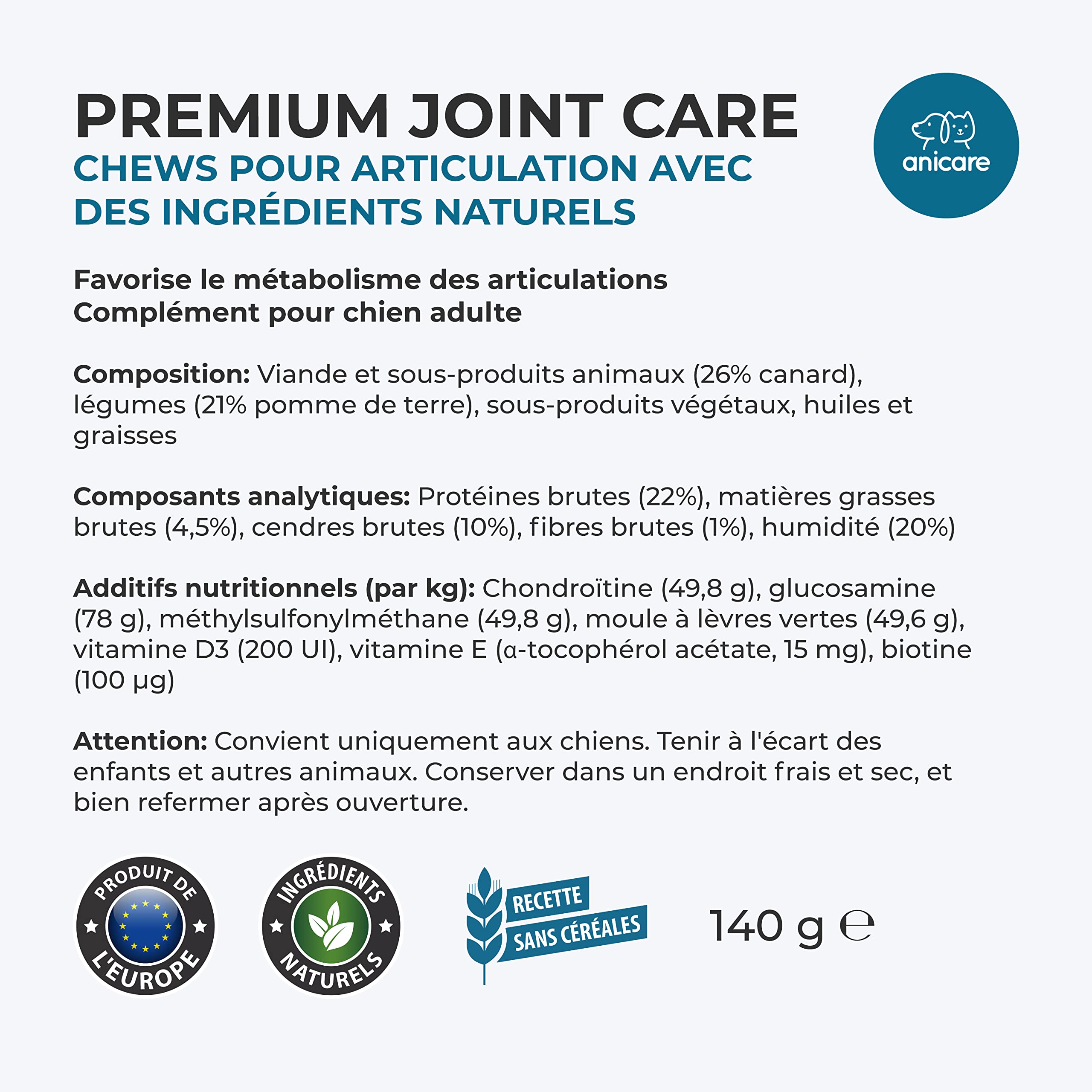 Anicare Premium Joint Care: Friandises à mâcher pour articulations! avec de la glucosamine, chondroïtine, du MSM et des moules aux orles Verts