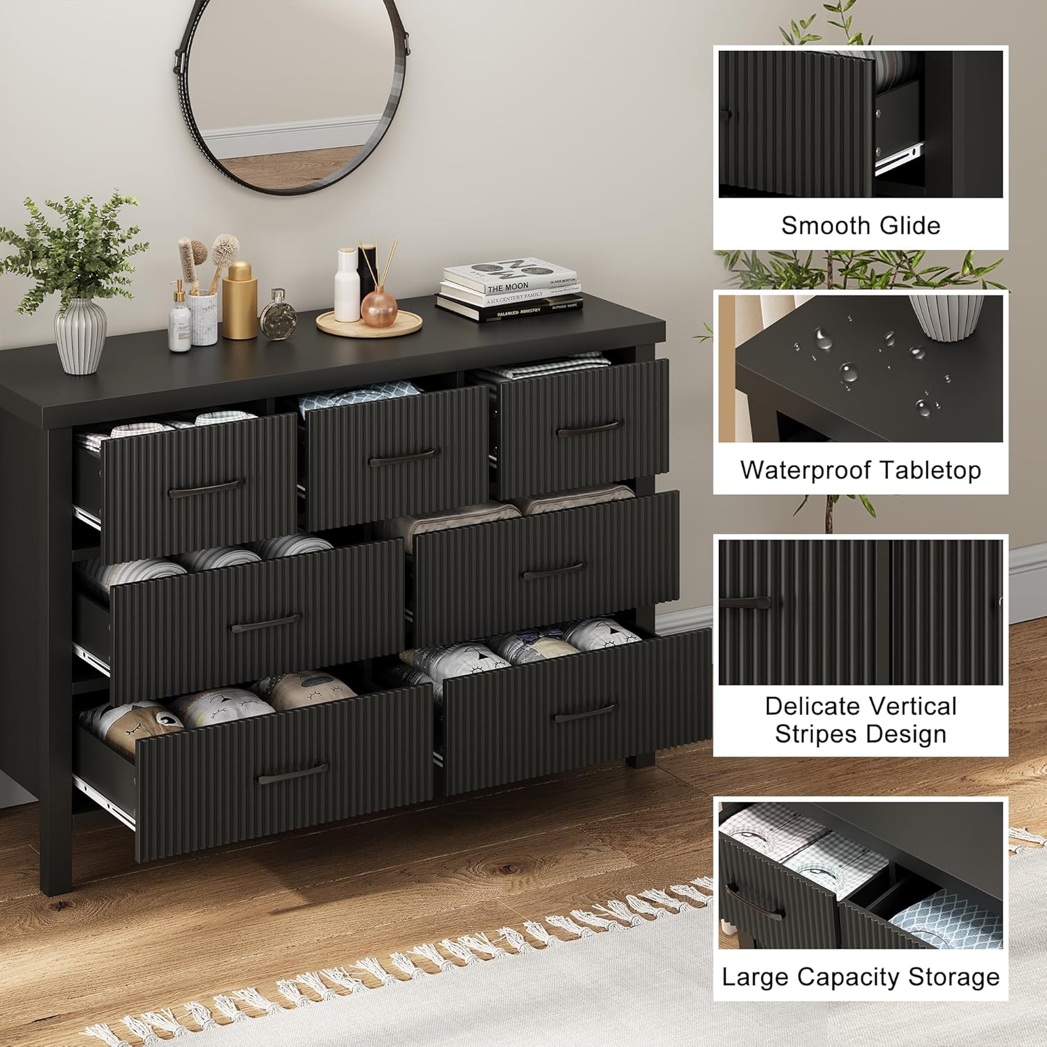 Close-up details of the dresser showing smooth glides, waterproof tabletop, fluted design, and storage capacity