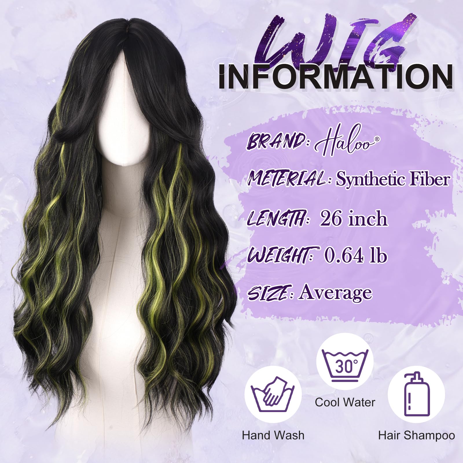 Haloo Long Wavy Synthetic Hair Wig with Curtain Bangs, 26 Inch