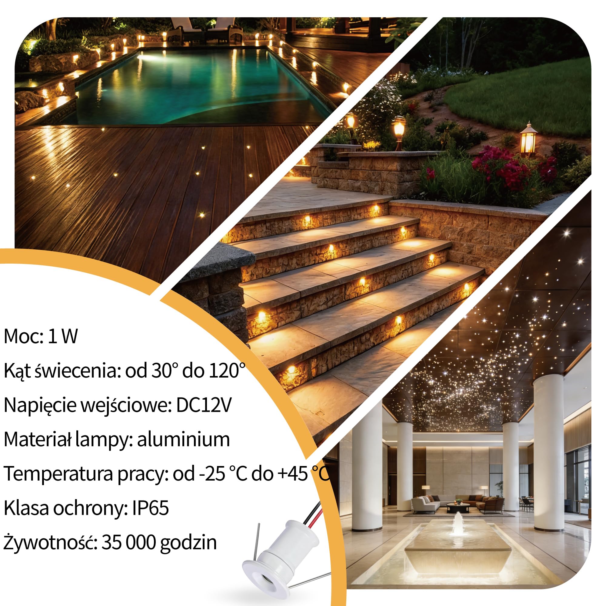 9SZT 12V 1W Mini LED Lampa Spotlight, IP65 Wodoodporna Lampa Wbudowana do Wystaw, Użycie Wewnętrzne Kuchnia Schody Szafka Korytarz Oświetlenie DIY (Biały Biały Ciepły 30°)