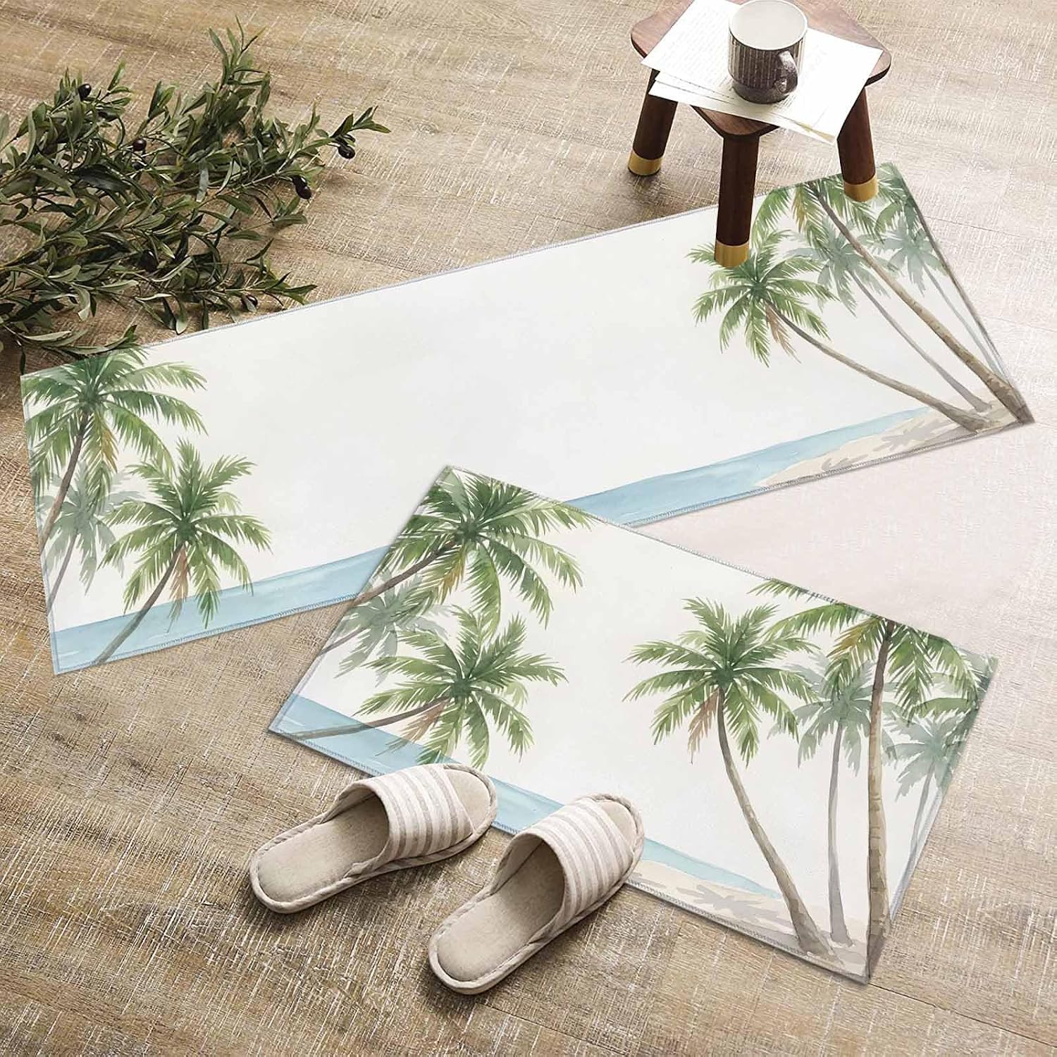 Kitchen Mats for Floor Coastal Olive-green Palm Tree Washable Non Slip Kitchen Rugs 2PCS, Summer Beaches Islands Absorbent Standing Mats for Sink Bathroom Office Living Room 15.7x23.6in+15.7x47.2in