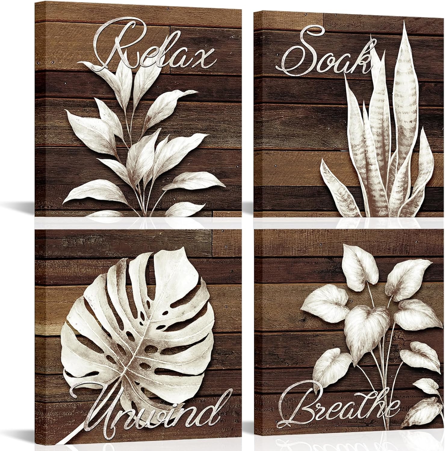 LoveHouse Rustic Leaves Wall Art Farmhouse Botanical Leaf Canvas Prints Tropical Plant Pictures Bedroom Bathroom Wall Decor 12"x12"x 4pcs